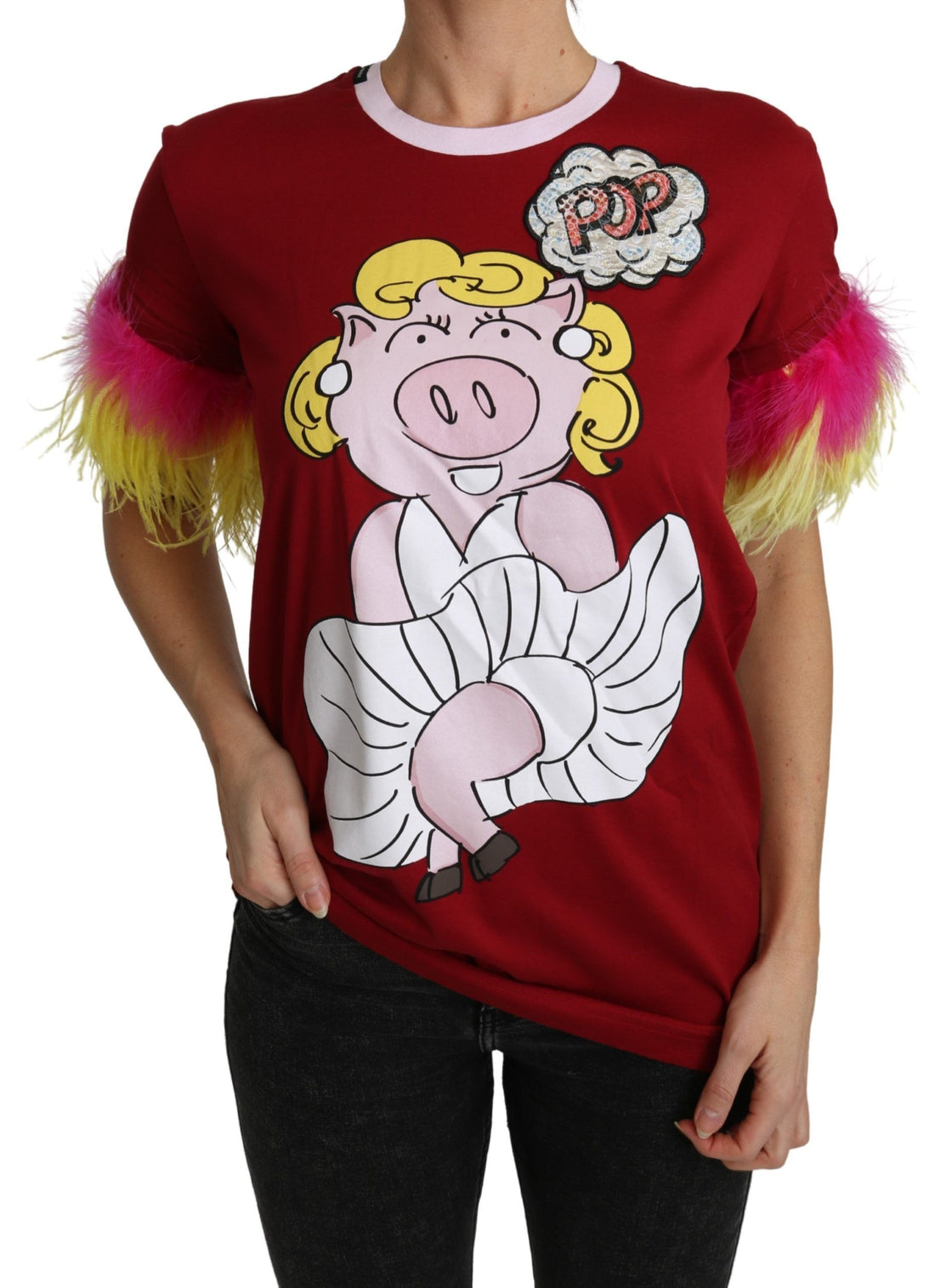 Dolce & Gabbana Red Pig Print Feather Sleeves T-shirt Top - Whispers Of Wisdom Clothing