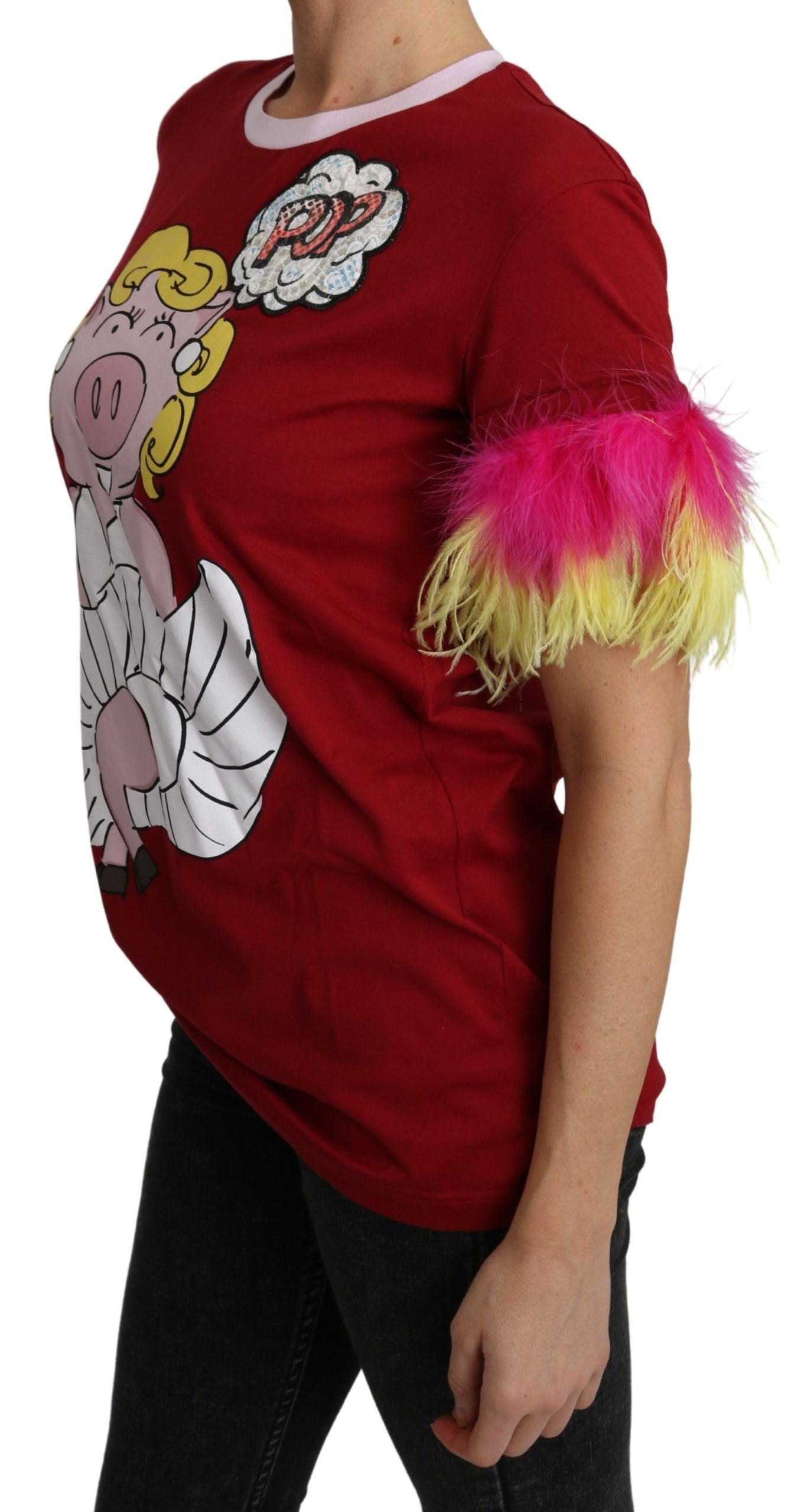 Dolce & Gabbana Red Pig Print Feather Sleeves T-shirt Top - Whispers Of Wisdom Clothing