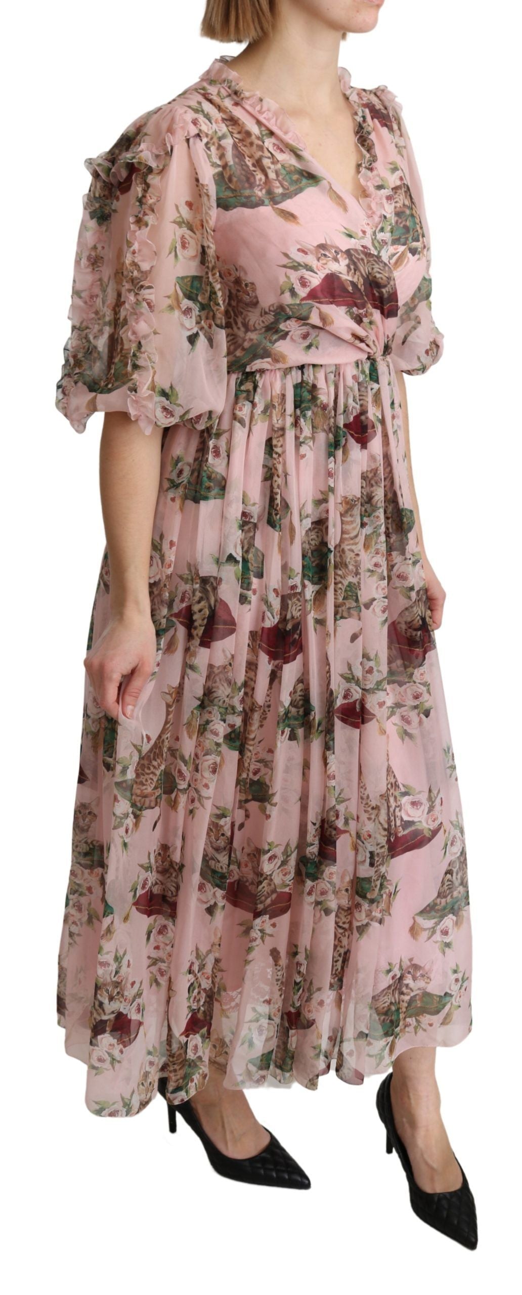 Dolce & Gabbana Pink Bengal Cat Print A-line Maxi Silk  Dress - Whispers Of Wisdom Clothing