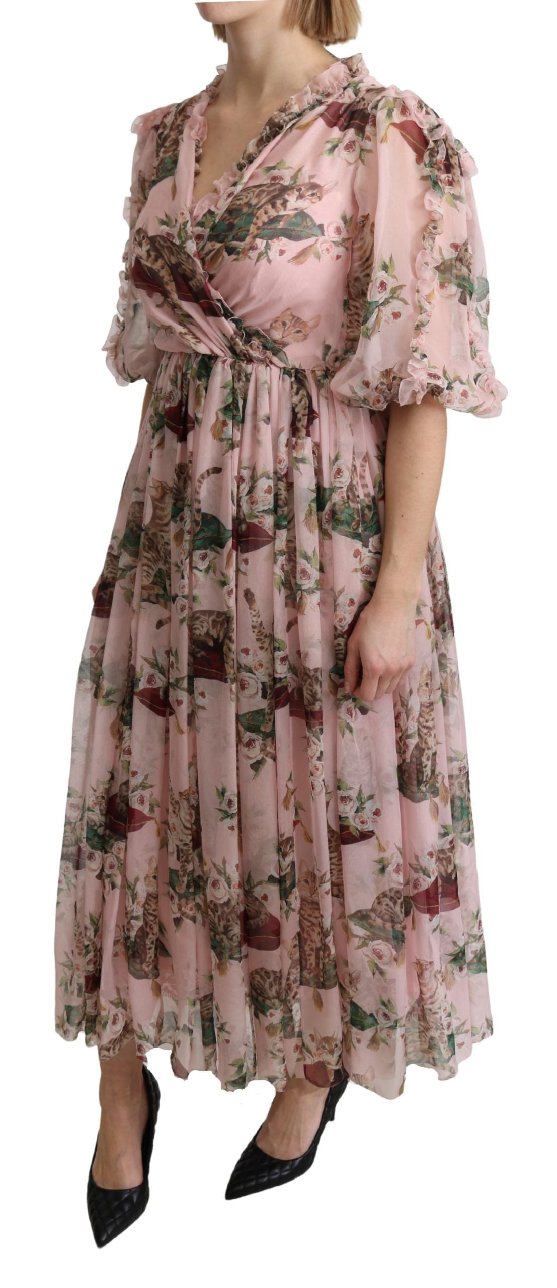 Dolce & Gabbana Pink Bengal Cat Print A-line Maxi Silk  Dress - Whispers Of Wisdom Clothing