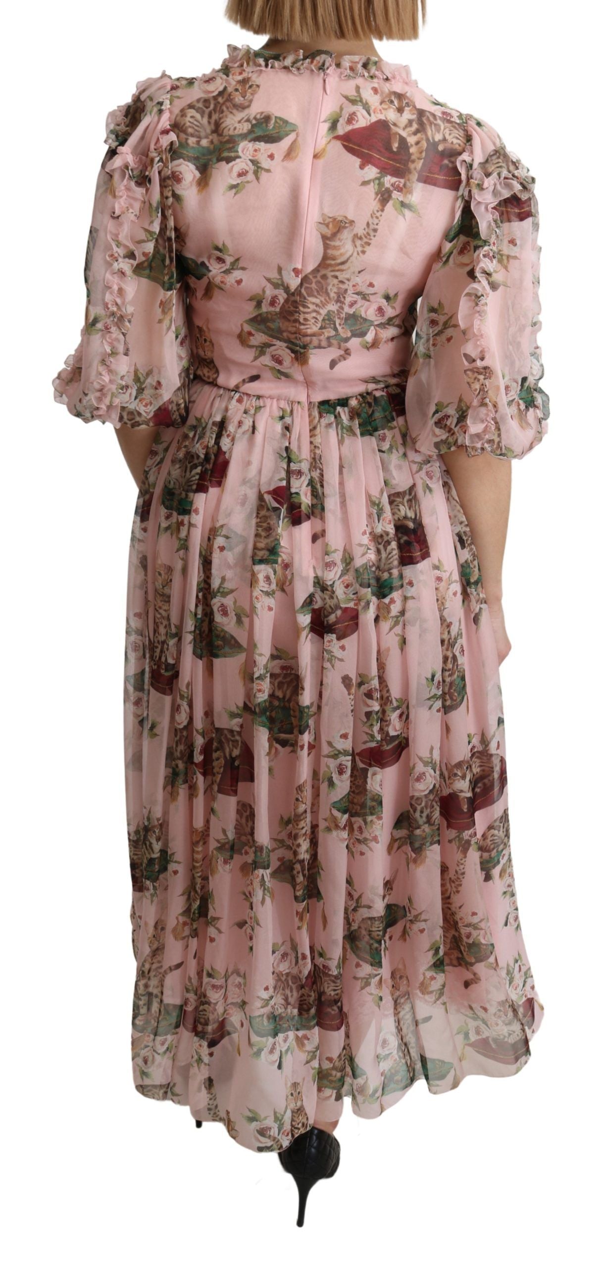Dolce & Gabbana Pink Bengal Cat Print A-line Maxi Silk  Dress - Whispers Of Wisdom Clothing