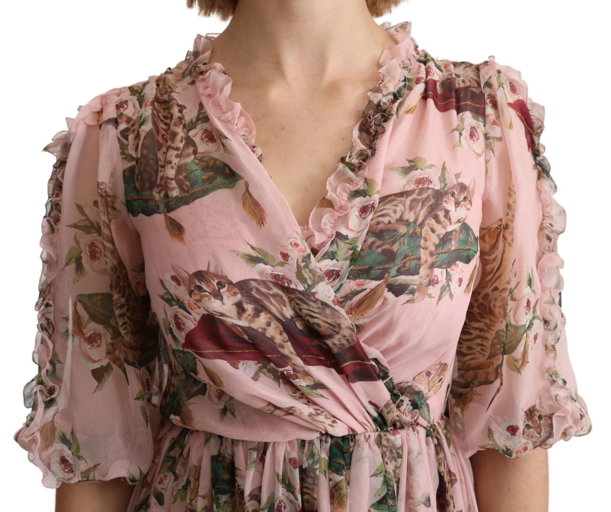 Dolce & Gabbana Pink Bengal Cat Print A-line Maxi Silk  Dress - Whispers Of Wisdom Clothing