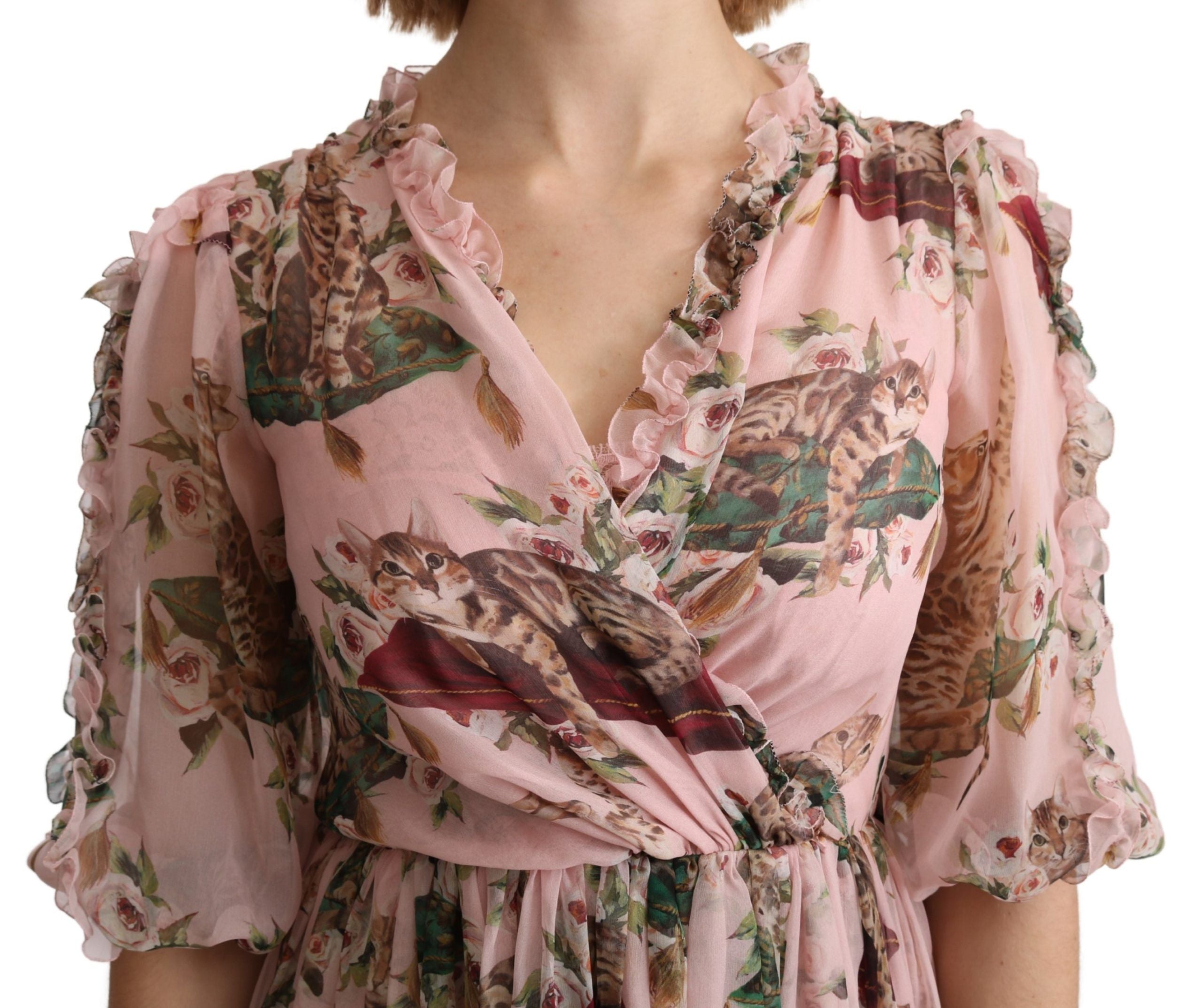 Dolce & Gabbana Pink Bengal Cat Print A-line Maxi Silk  Dress - Whispers Of Wisdom Clothing