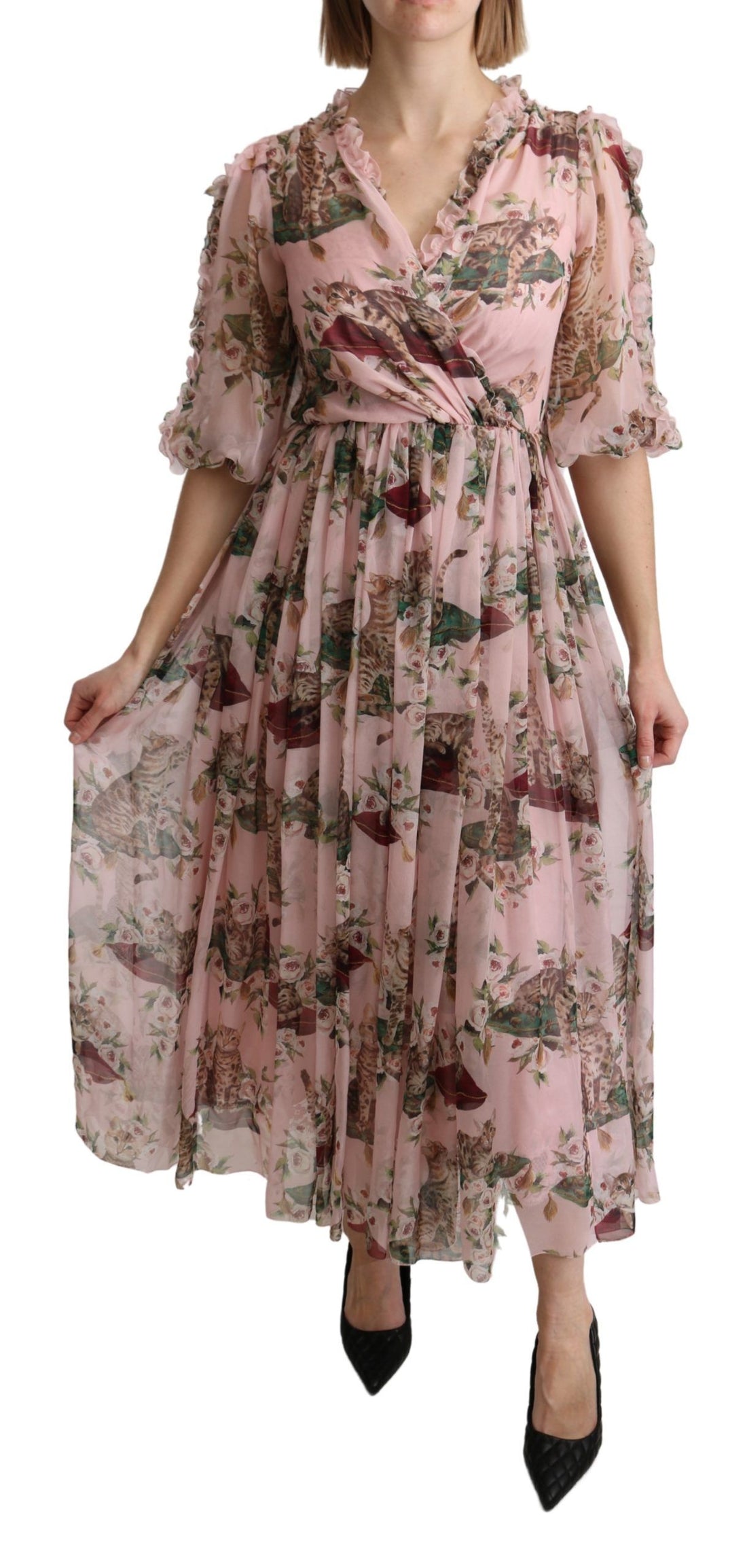 Dolce & Gabbana Pink Bengal Cat Print A-line Maxi Silk  Dress - Whispers Of Wisdom Clothing