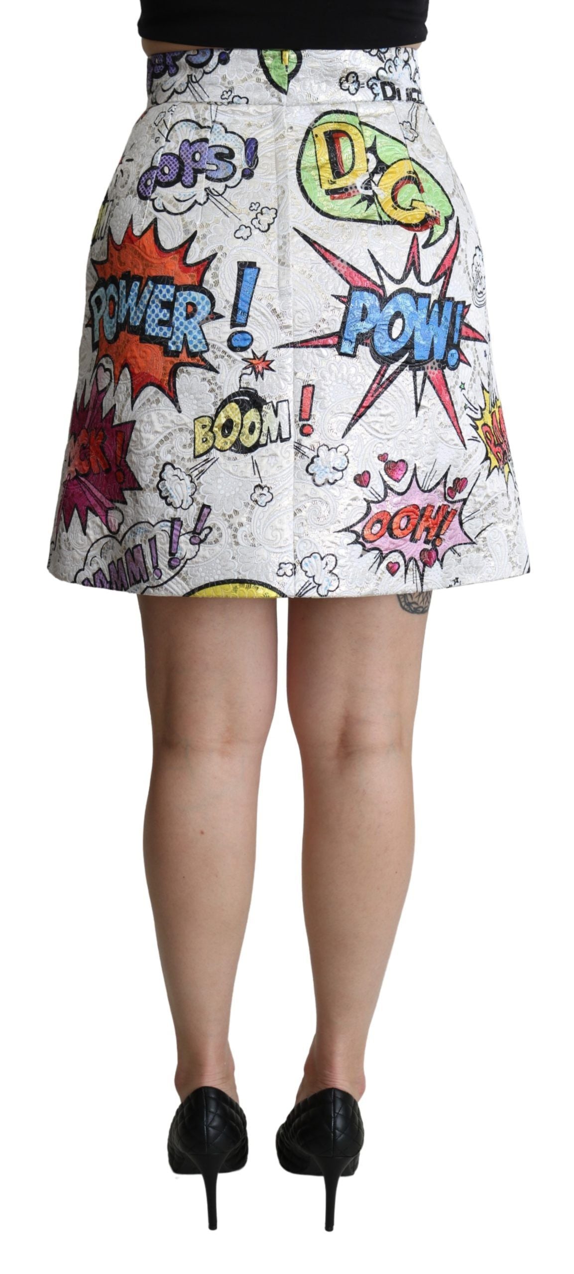 Dolce & Gabbana White Cartoon Brocade A-line High Waist Skirt - Whispers Of Wisdom Clothing