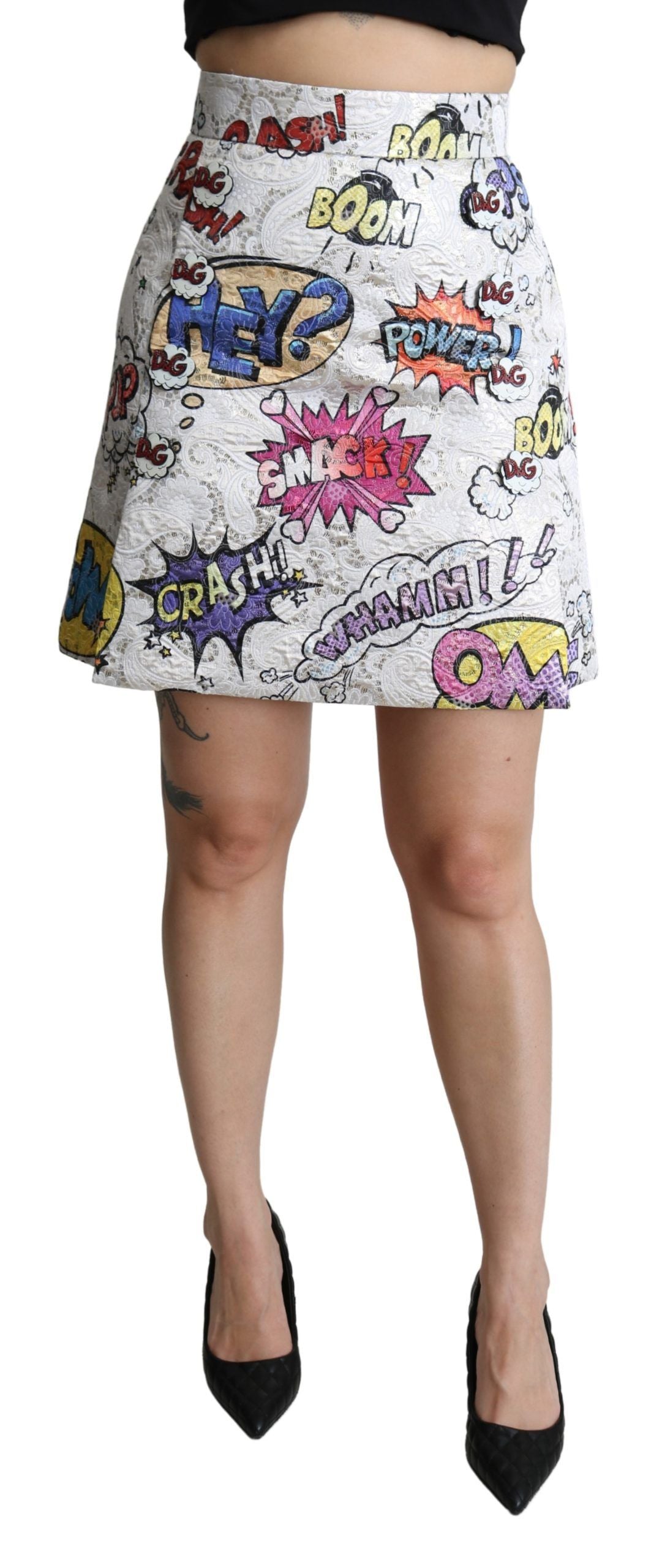 Dolce & Gabbana White Cartoon Brocade A-line High Waist Skirt - Whispers Of Wisdom Clothing