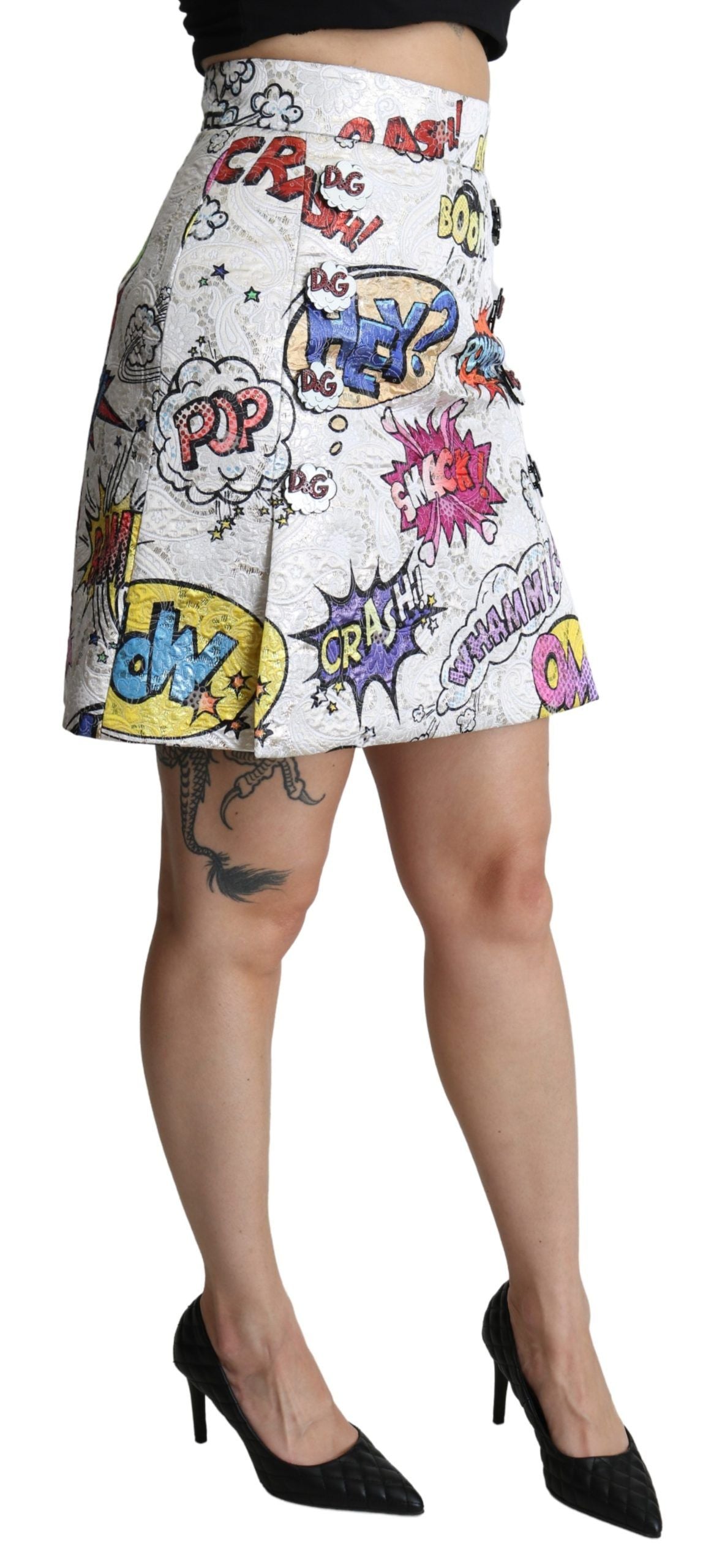 Dolce & Gabbana White Cartoon Brocade A-line High Waist Skirt - Whispers Of Wisdom Clothing