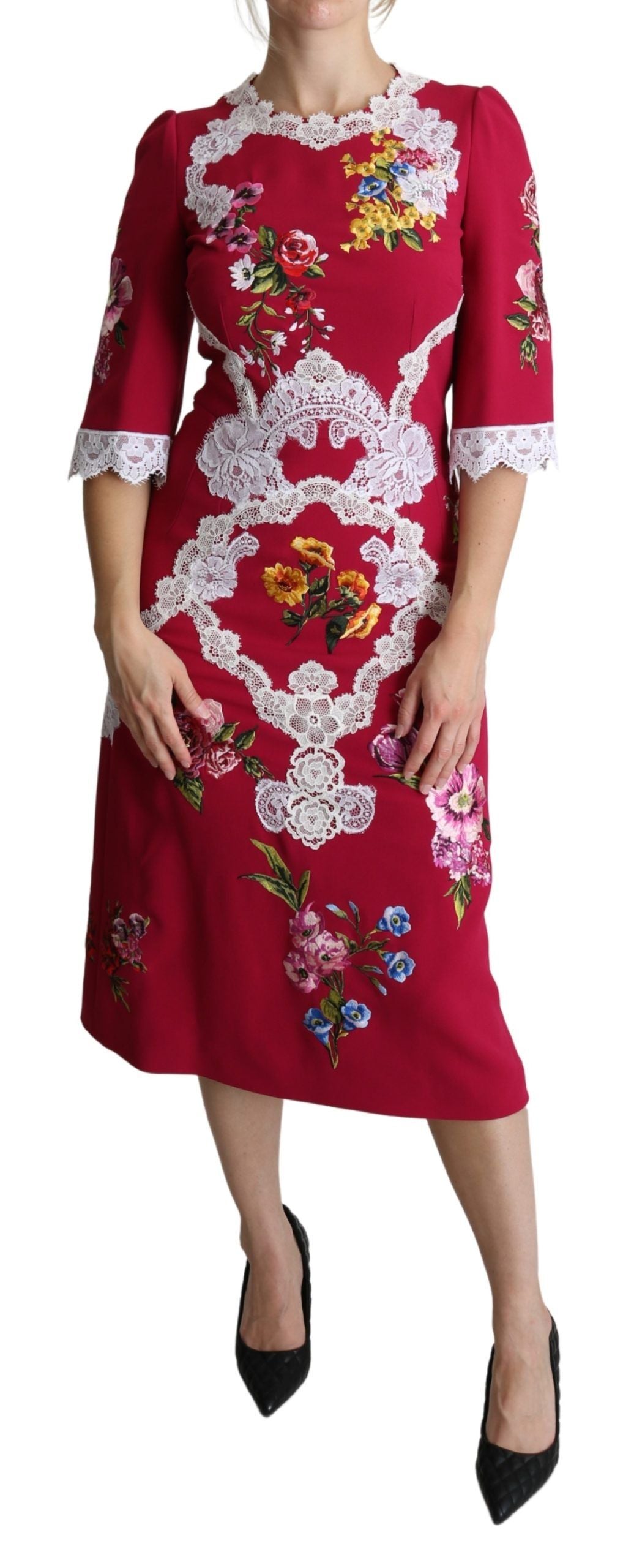 Dolce & Gabbana Red Floral Embroidered Sheath Midi Dress - Whispers Of Wisdom Clothing