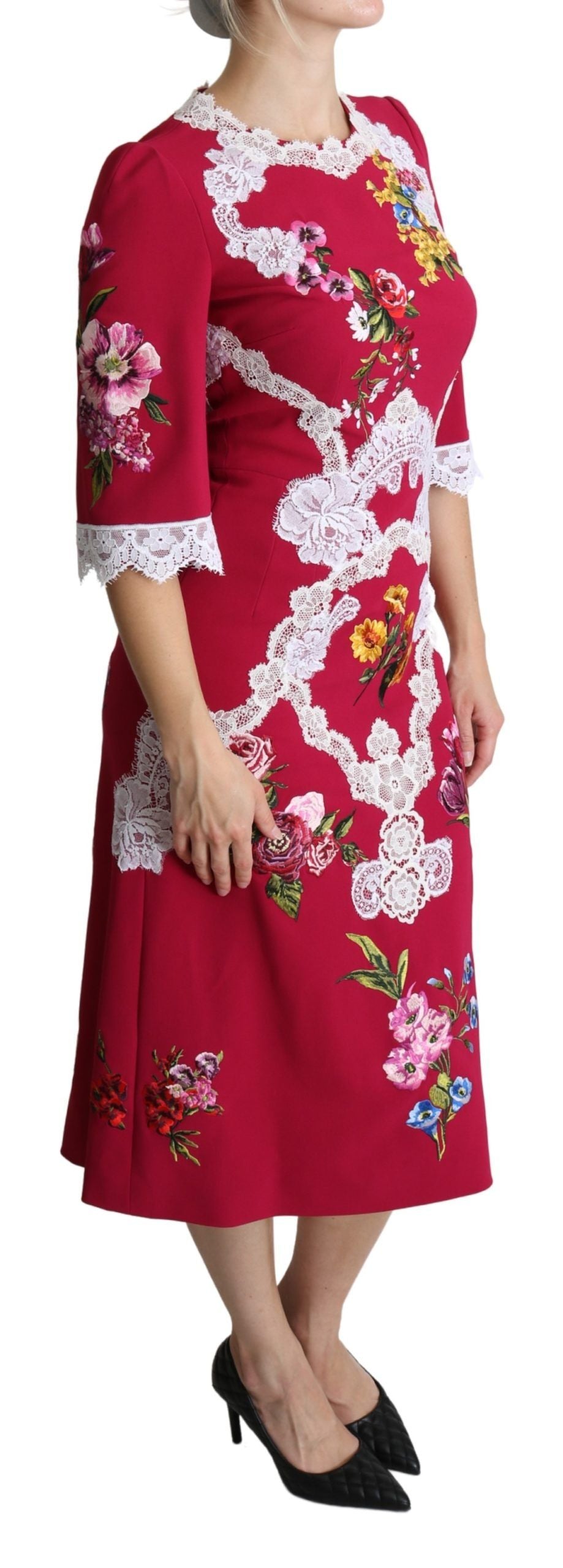 Dolce & Gabbana Red Floral Embroidered Sheath Midi Dress - Whispers Of Wisdom Clothing