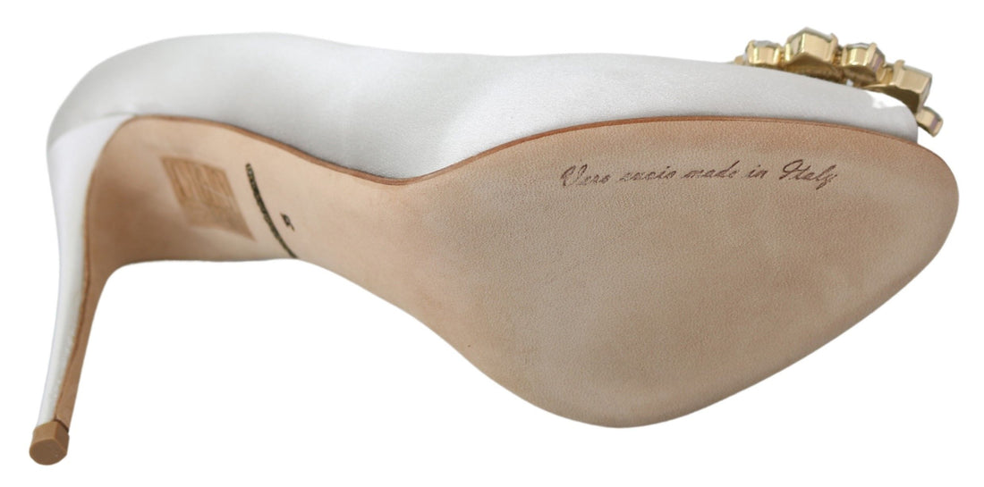 Dolce & Gabbana White Crystals Peep Toe Heels Satin Pumps Shoes - Whispers Of Wisdom Clothing