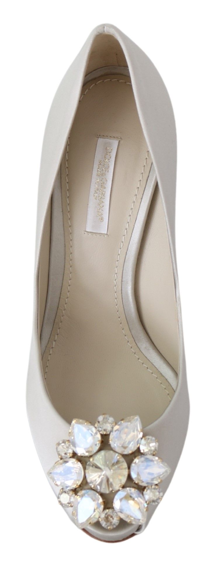 Dolce & Gabbana White Crystals Peep Toe Heels Satin Pumps Shoes - Whispers Of Wisdom Clothing