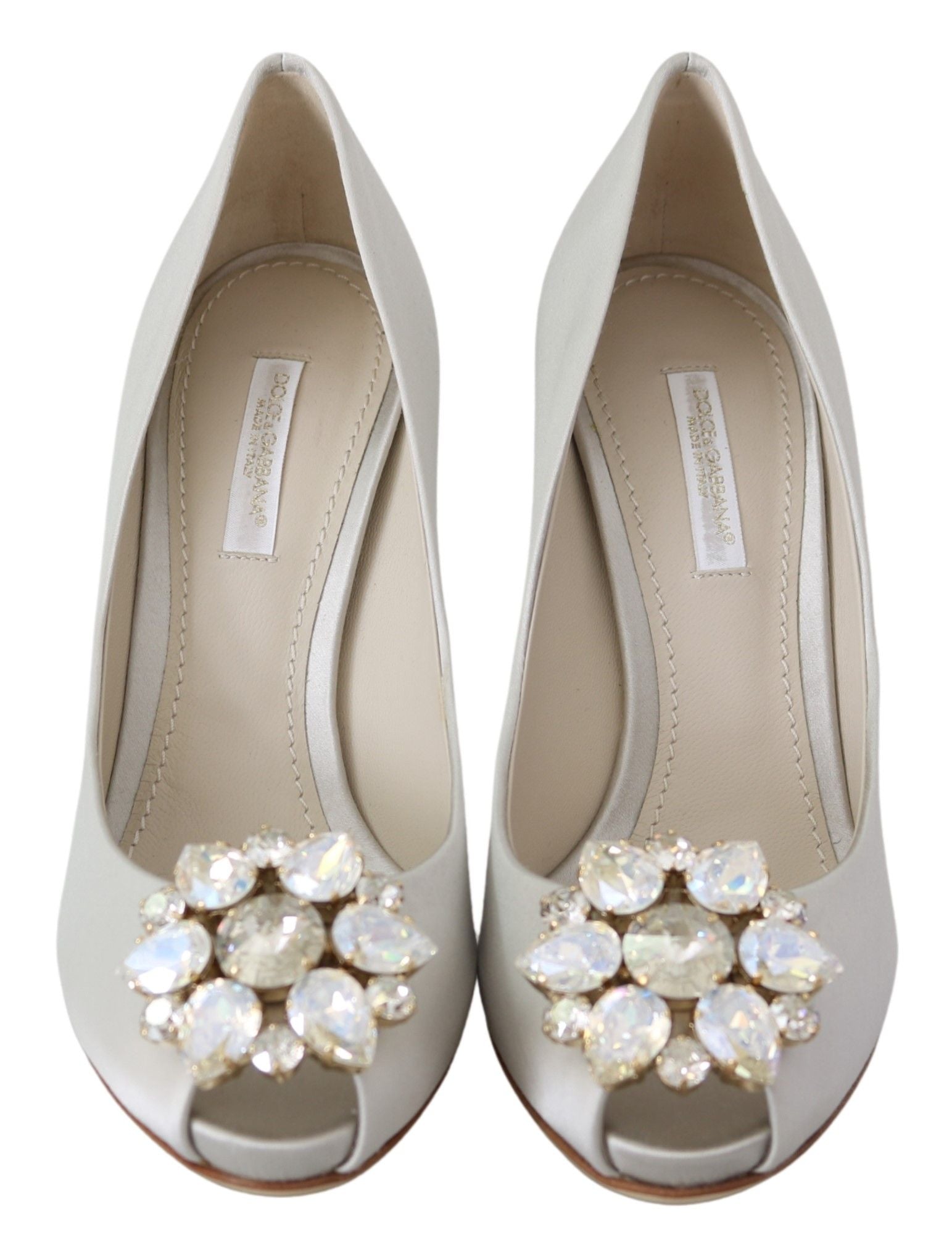 Dolce & Gabbana White Crystals Peep Toe Heels Satin Pumps Shoes - Whispers Of Wisdom Clothing