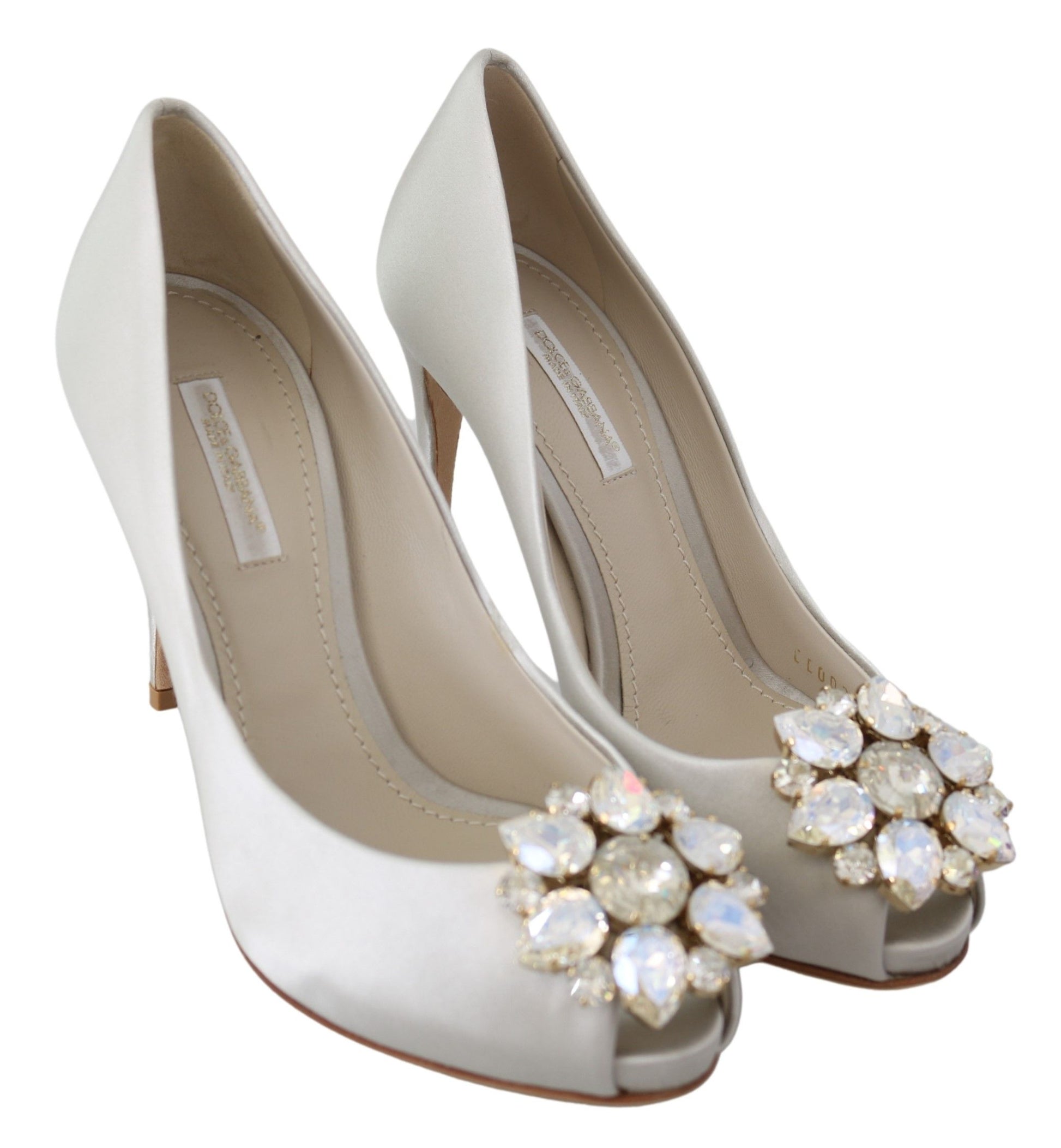 Dolce & Gabbana White Crystals Peep Toe Heels Satin Pumps Shoes - Whispers Of Wisdom Clothing