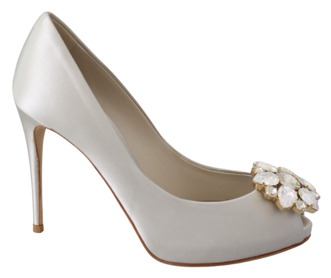 Dolce & Gabbana White Crystals Peep Toe Heels Satin Pumps Shoes - Whispers Of Wisdom Clothing