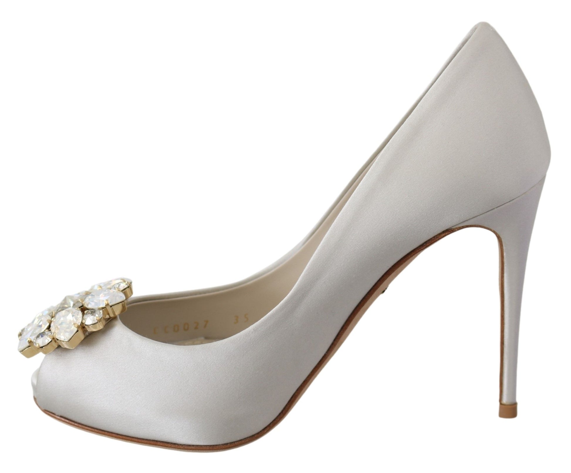 Dolce & Gabbana White Crystals Peep Toe Heels Satin Pumps Shoes - Whispers Of Wisdom Clothing