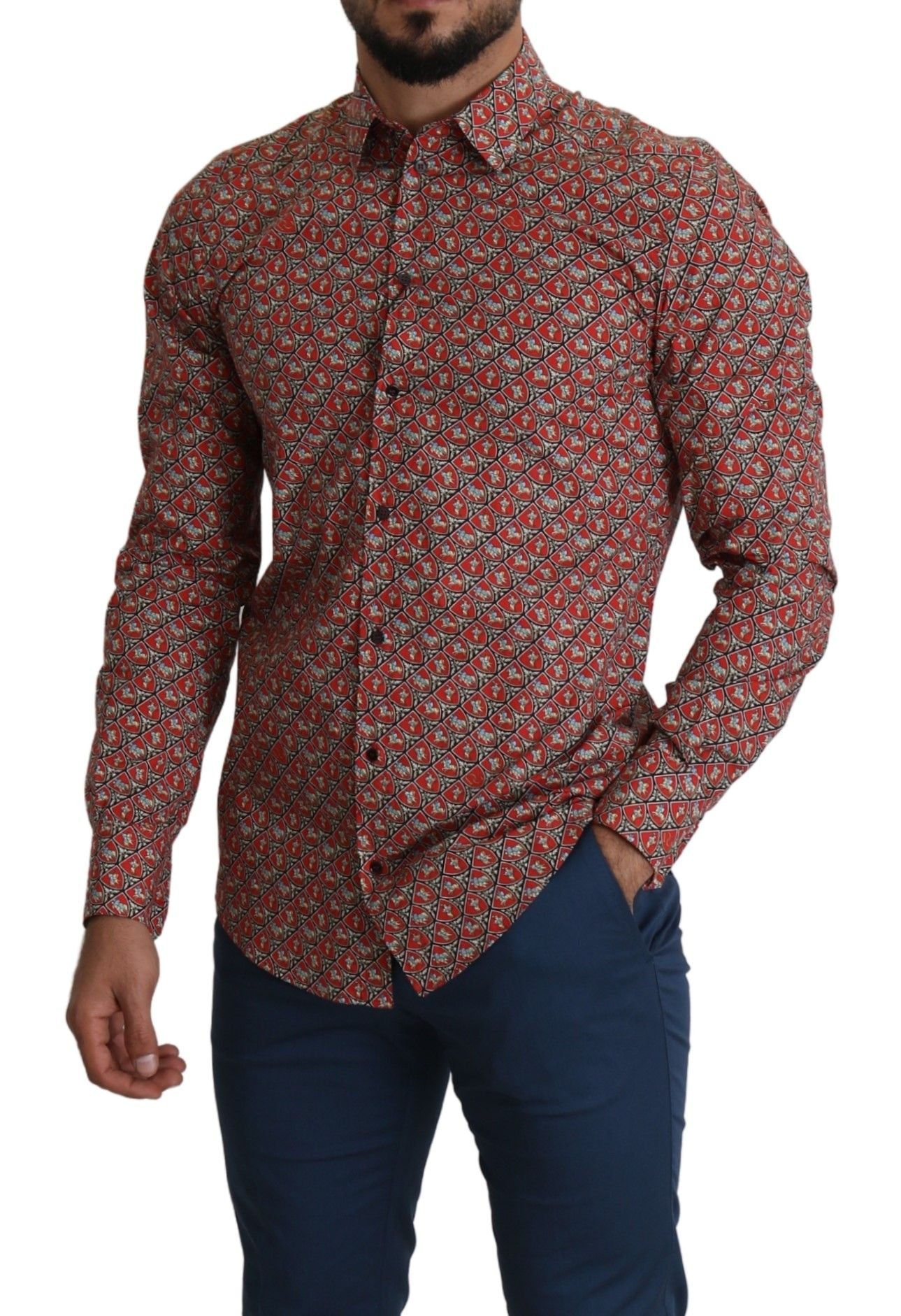 Dolce & Gabbana Red Printed Knight Formal Dress MARTINI Shirt - Whispers Of Wisdom Clothing