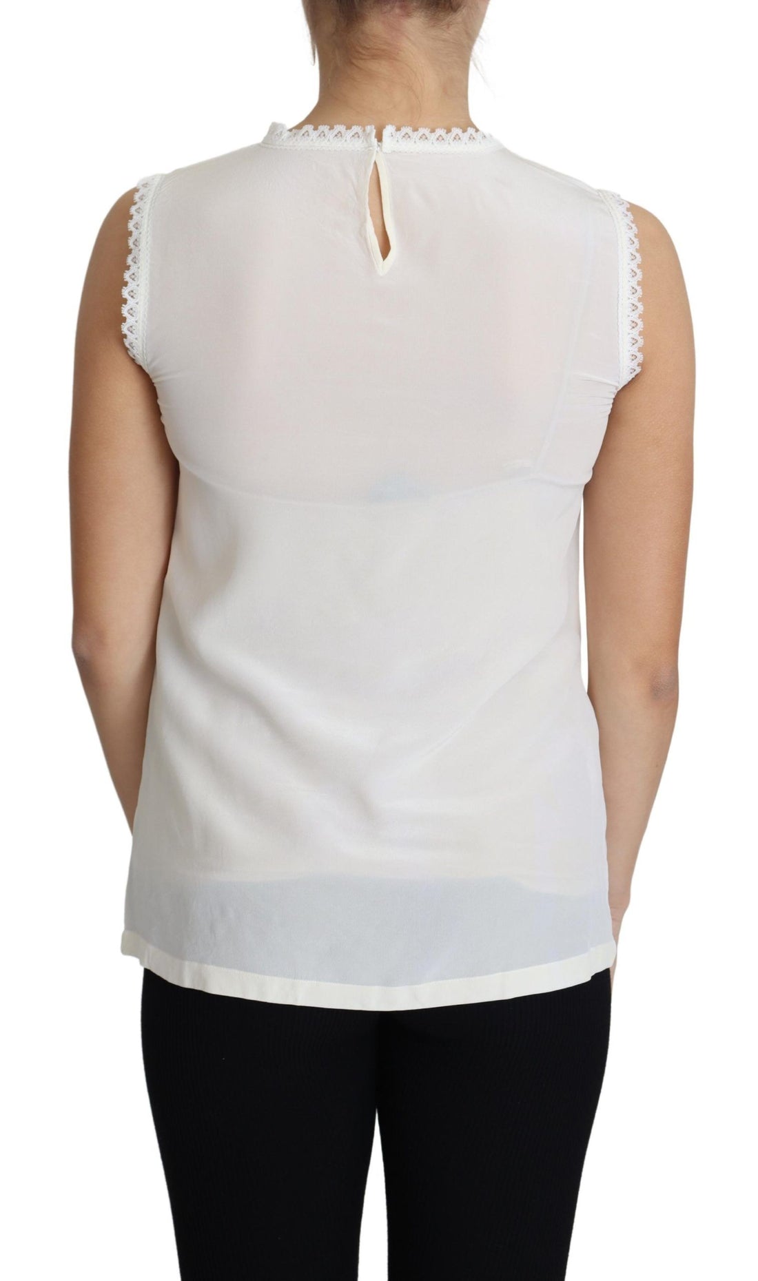 Dolce & Gabbana White Blouse Silk Lace Trimmed Sleeveless Top - Whispers Of Wisdom Clothing