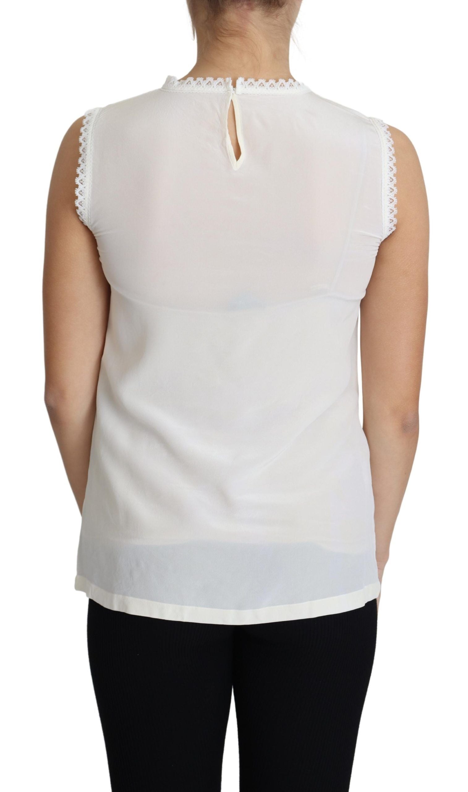 Dolce & Gabbana White Blouse Silk Lace Trimmed Sleeveless Top - Whispers Of Wisdom Clothing