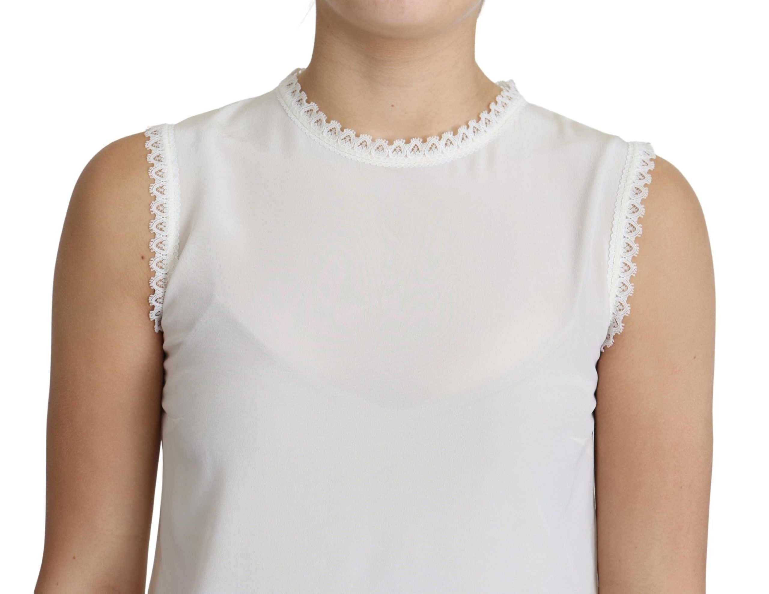 Dolce & Gabbana White Blouse Silk Lace Trimmed Sleeveless Top - Whispers Of Wisdom Clothing