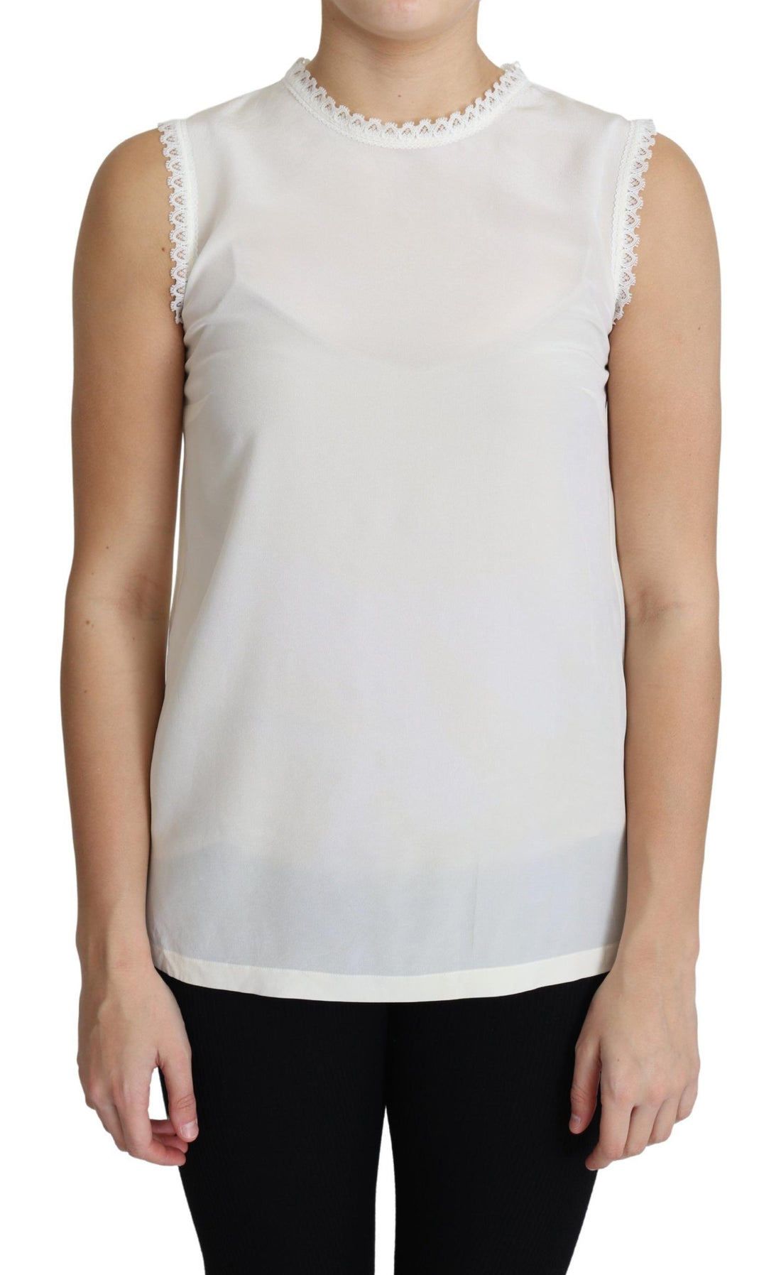 Dolce & Gabbana White Blouse Silk Lace Trimmed Sleeveless Top - Whispers Of Wisdom Clothing