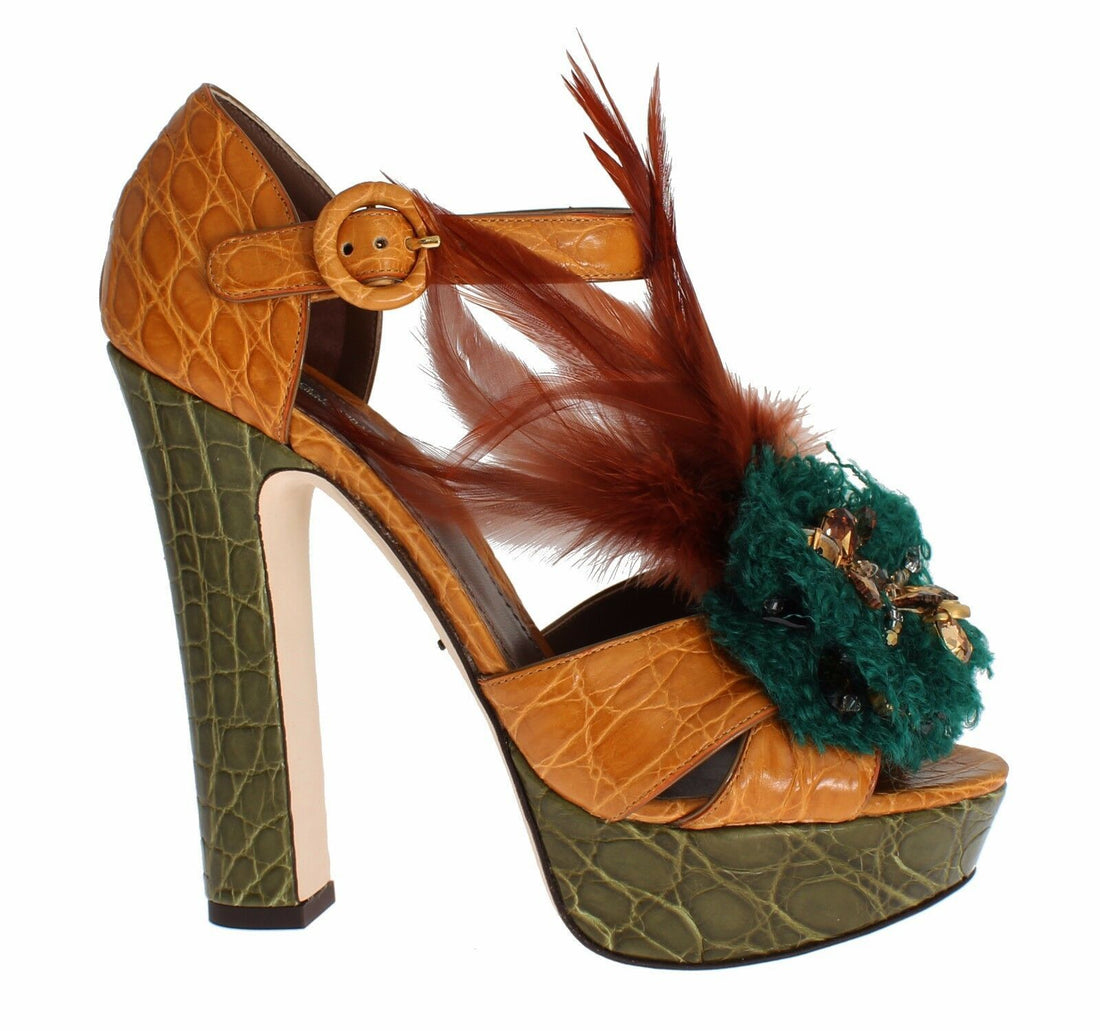 Dolce & Gabbana Orange Leather Crystal Platform Sandal Shoes - Whispers Of Wisdom Clothing