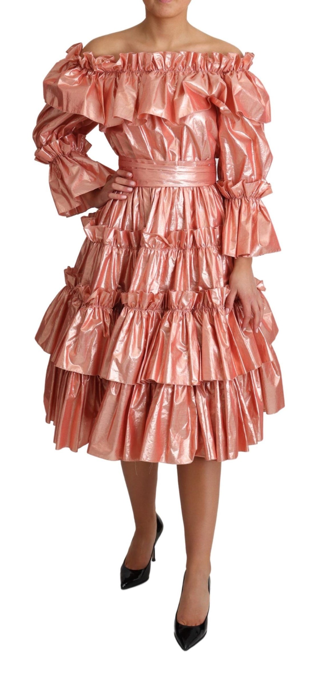 Dolce & Gabbana Pink Ruffled Dress Silk Cotton Gown Dress - Whispers Of Wisdom Clothing