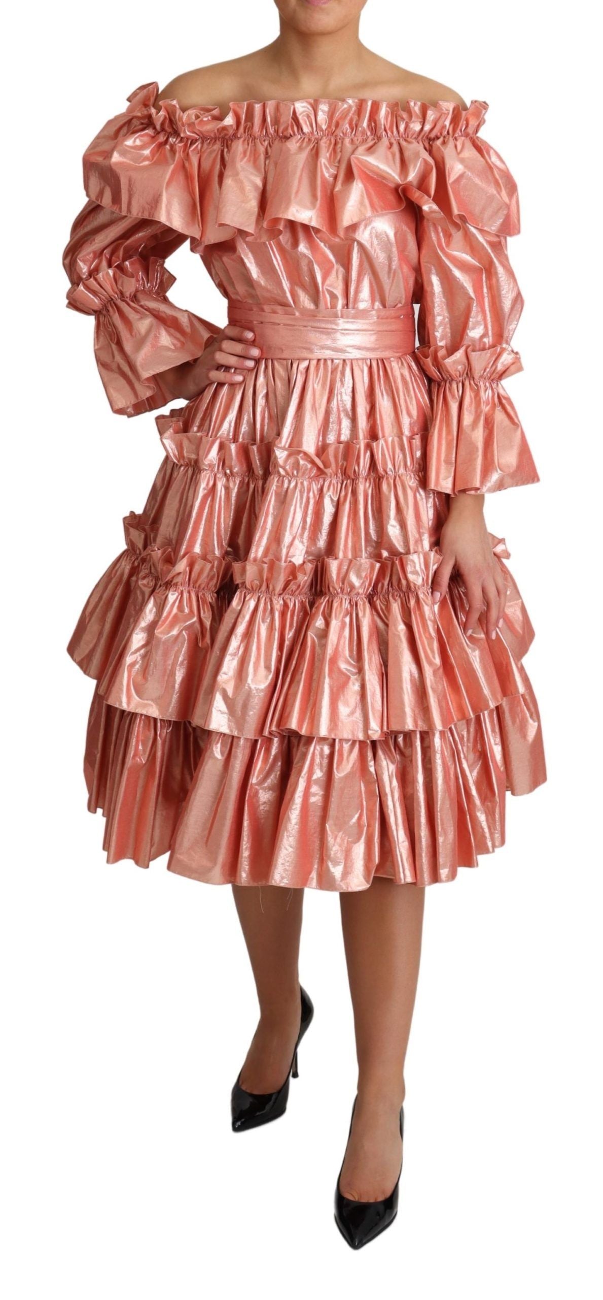 Dolce & Gabbana Pink Ruffled Dress Silk Cotton Gown Dress - Whispers Of Wisdom Clothing