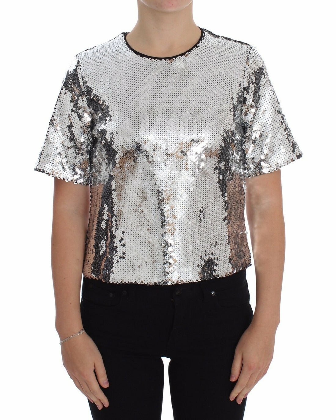 Dolce & Gabbana Silver Sequined Crewneck Blouse T-shirt Top - Whispers Of Wisdom Clothing
