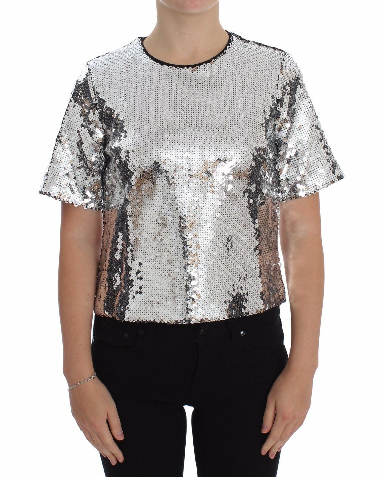 Dolce & Gabbana Silver Sequined Crewneck Blouse T-shirt Top - Whispers Of Wisdom Clothing