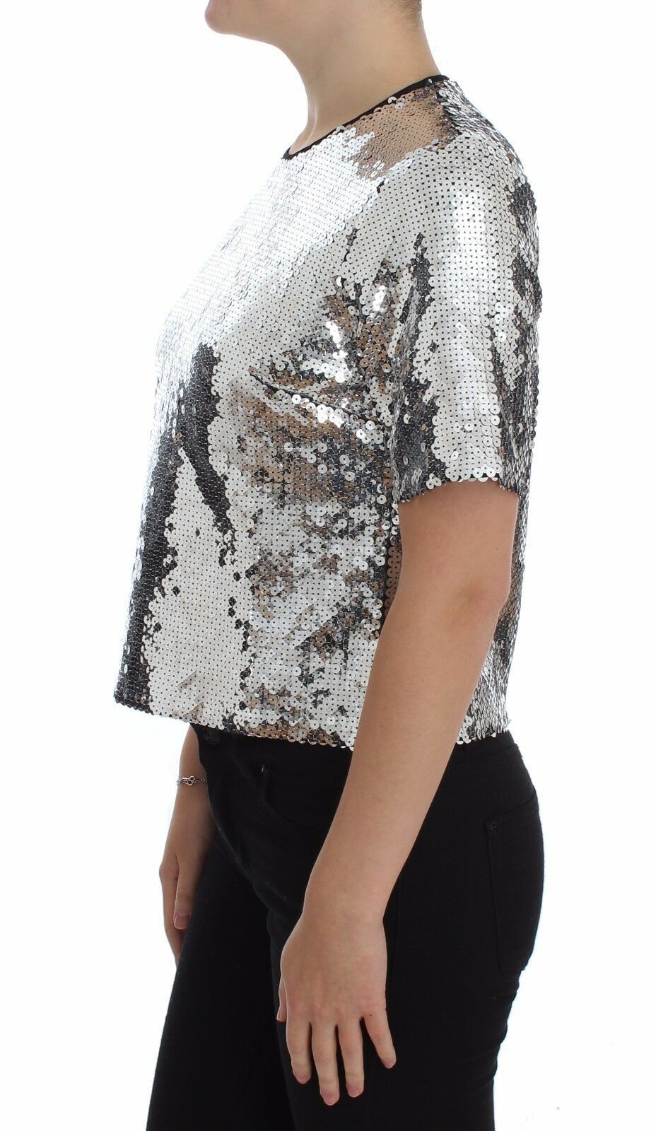 Dolce & Gabbana Silver Sequined Crewneck Blouse T-shirt Top - Whispers Of Wisdom Clothing