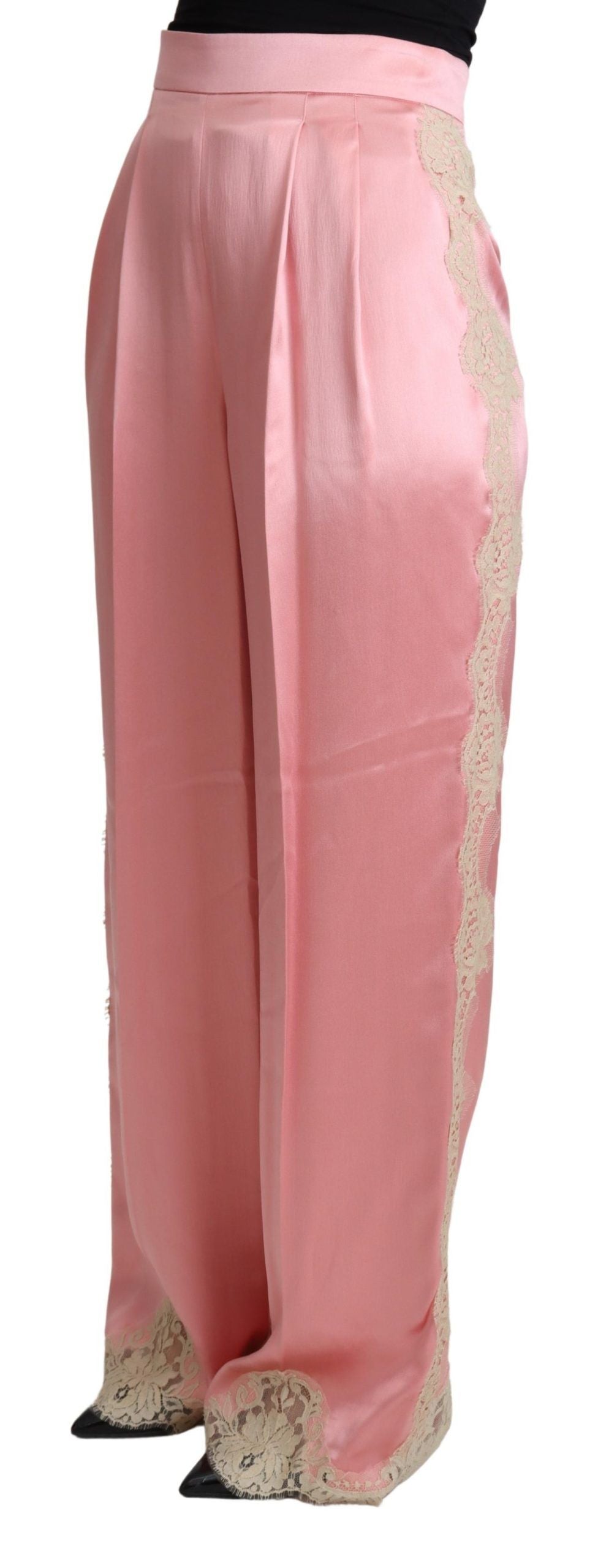 Dolce & Gabbana Pink Lace Trimmed Silk Satin Wide Legs Pants - Whispers Of Wisdom Clothing