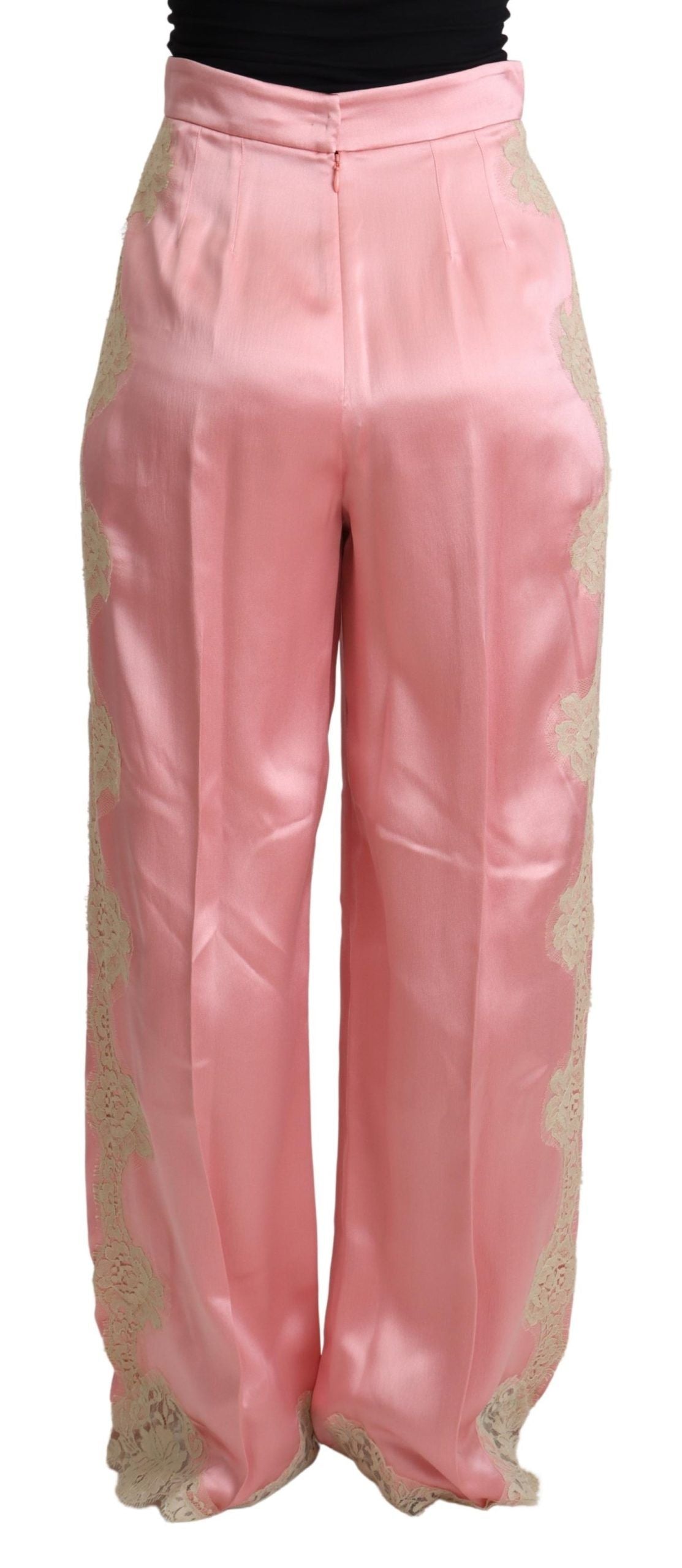 Dolce & Gabbana Pink Lace Trimmed Silk Satin Wide Legs Pants - Whispers Of Wisdom Clothing