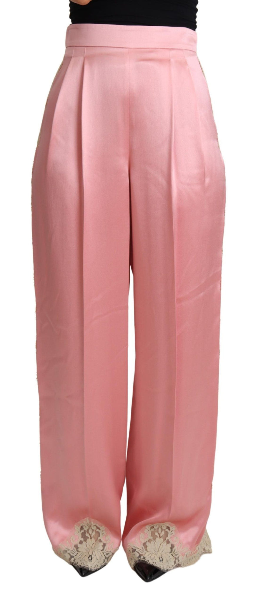 Dolce & Gabbana Pink Lace Trimmed Silk Satin Wide Legs Pants - Whispers Of Wisdom Clothing