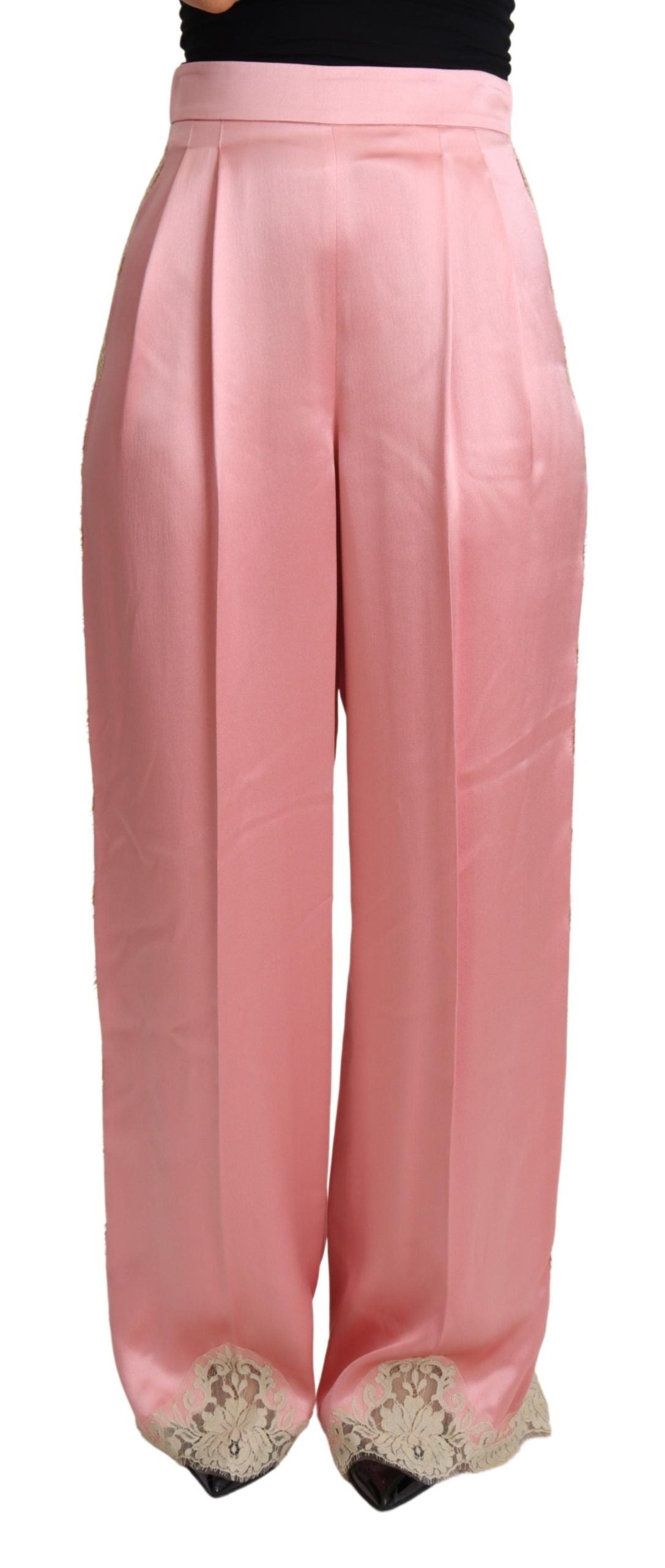 Dolce & Gabbana Pink Lace Trimmed Silk Satin Wide Legs Pants - Whispers Of Wisdom Clothing