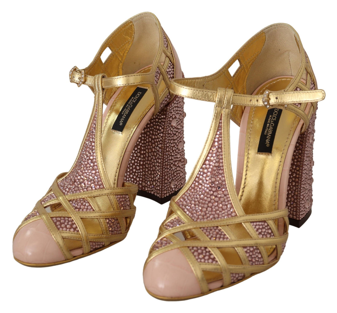 Dolce & Gabbana Pink Gold Leather Crystal Pumps T-strap Shoes - Whispers Of Wisdom Clothing