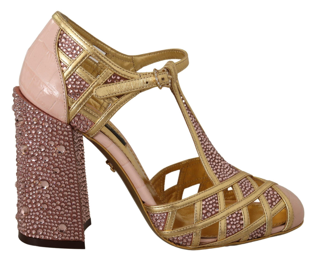 Dolce & Gabbana Pink Gold Leather Crystal Pumps T-strap Shoes - Whispers Of Wisdom Clothing