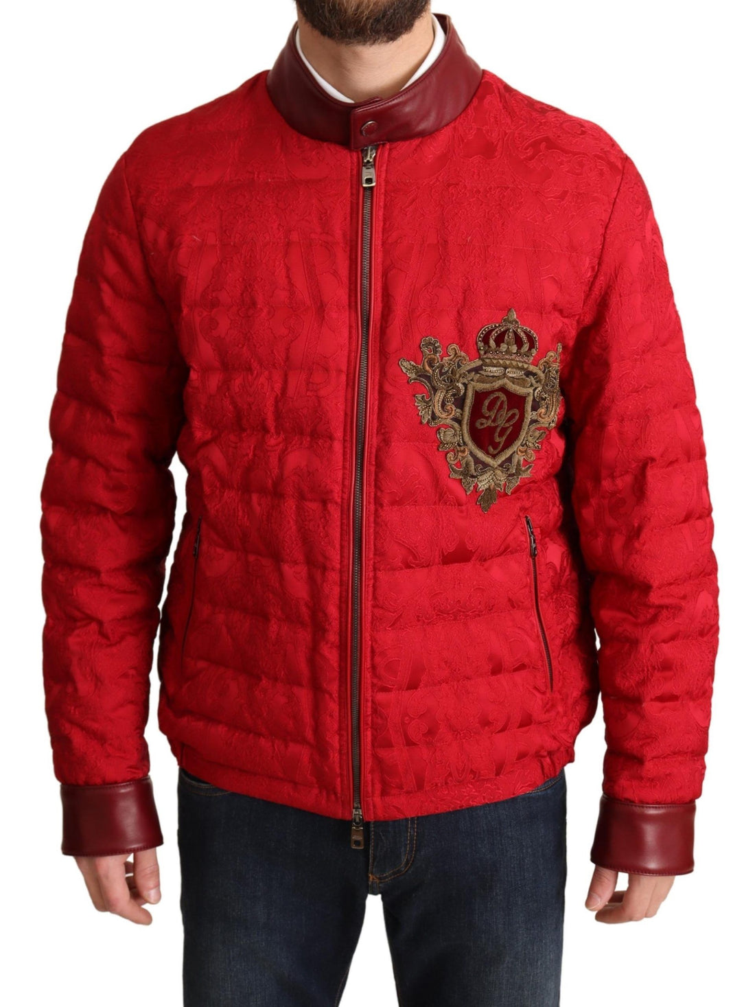 Dolce & Gabbana Red Brocade Bomber Gold Crown Logo Coat Jacket - Whispers Of Wisdom Clothing