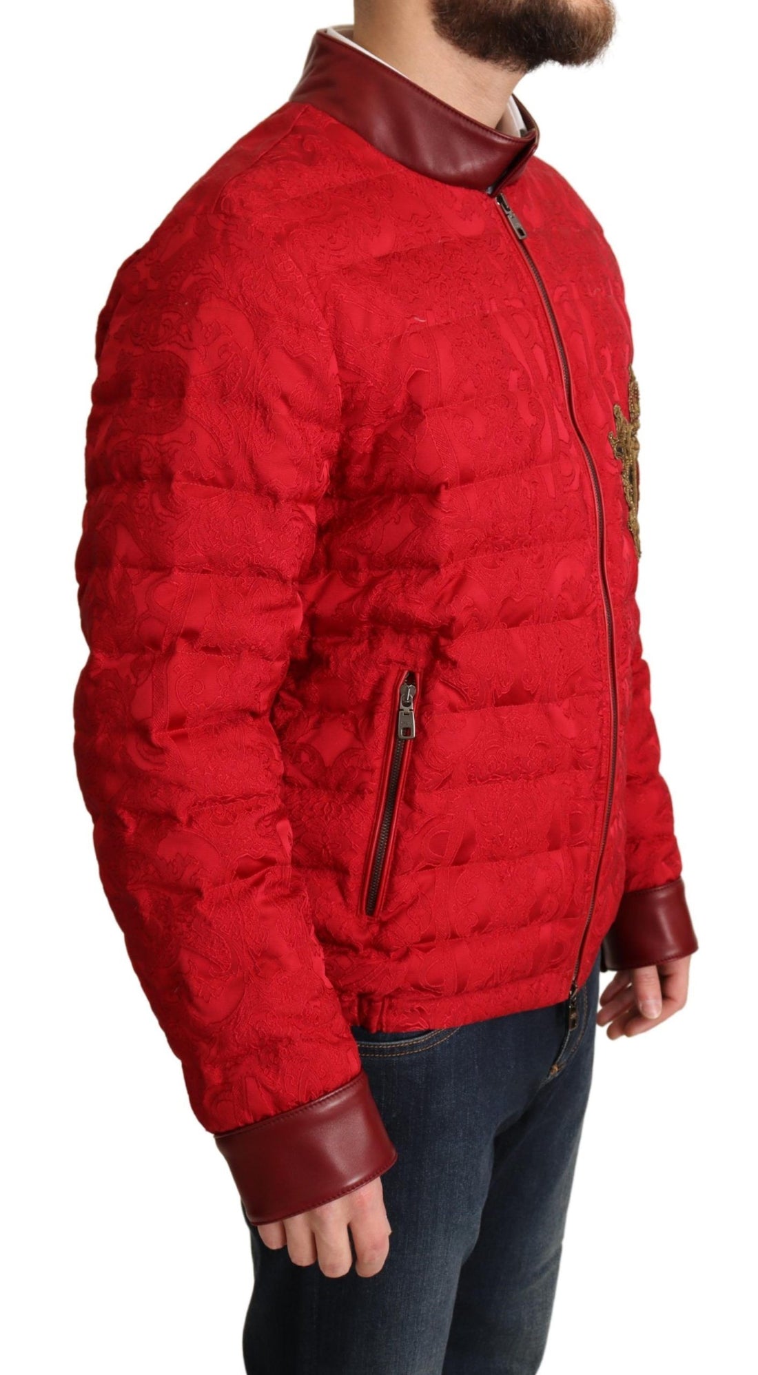 Dolce & Gabbana Red Brocade Bomber Gold Crown Logo Coat Jacket - Whispers Of Wisdom Clothing