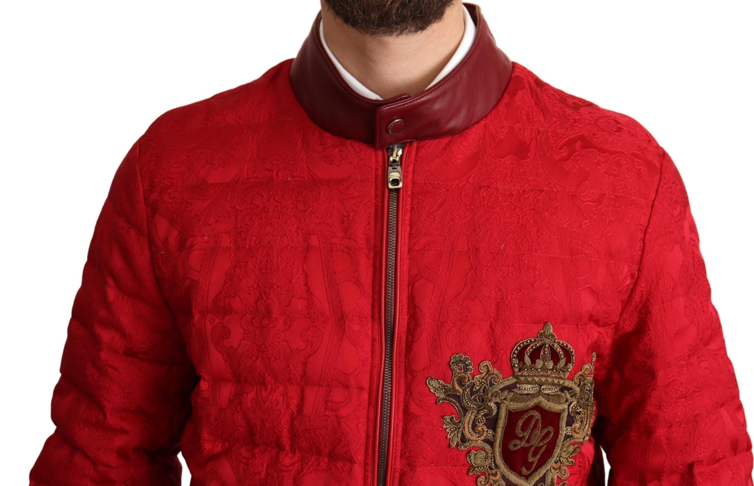 Dolce & Gabbana Red Brocade Bomber Gold Crown Logo Coat Jacket - Whispers Of Wisdom Clothing