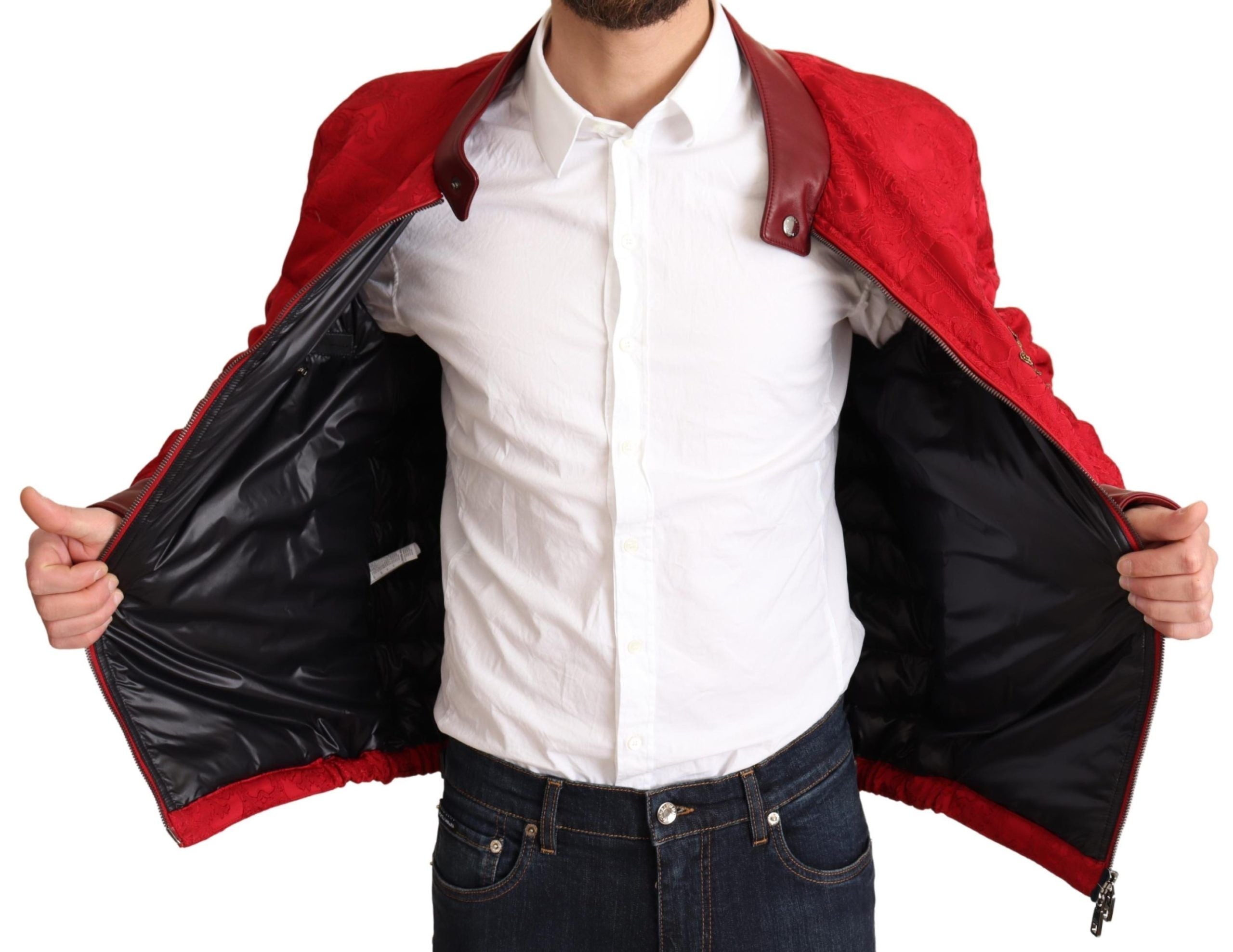 Dolce & Gabbana Red Brocade Bomber Gold Crown Logo Coat Jacket - Whispers Of Wisdom Clothing