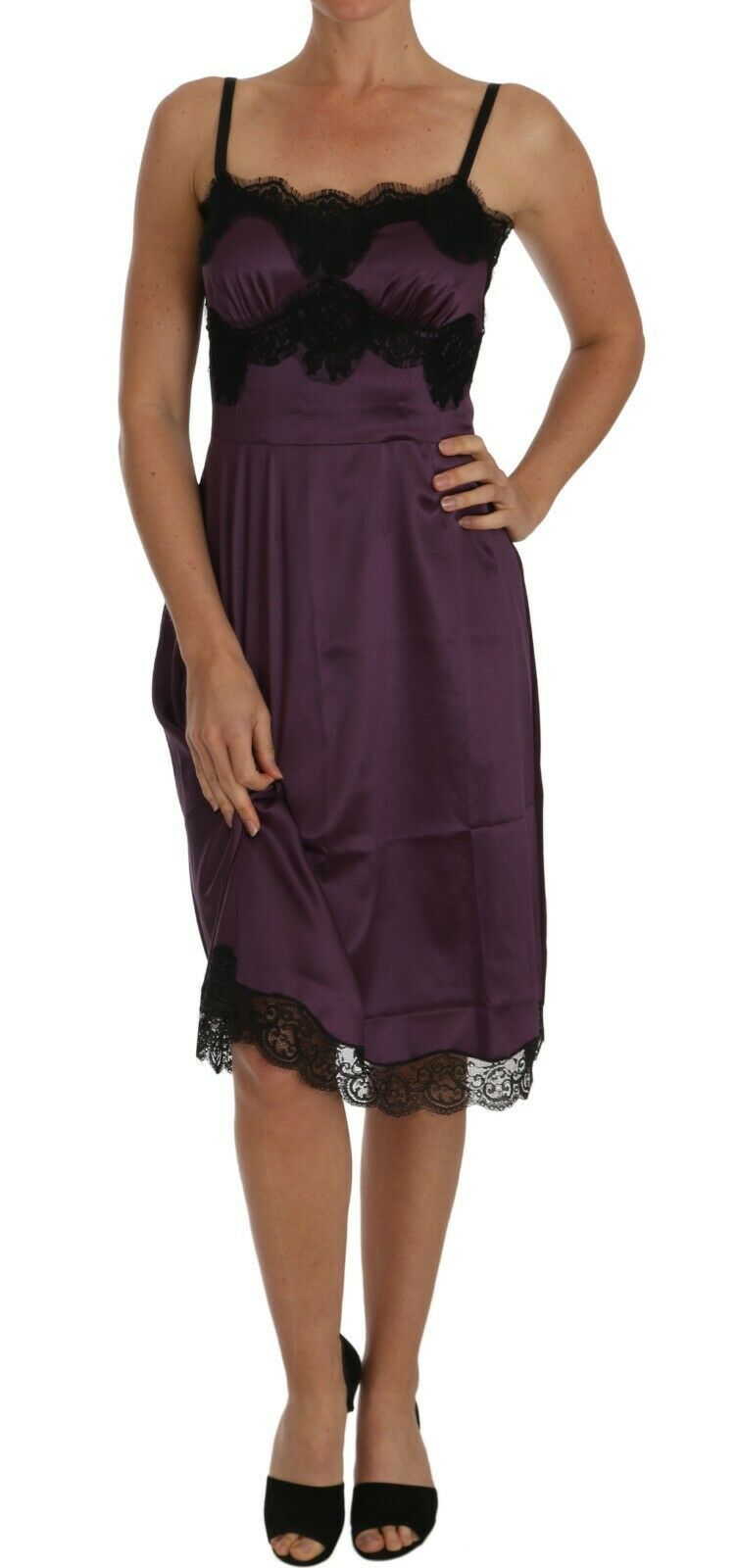 Dolce & Gabbana Purple Silk Stretch Black Lace A-Line Dress - Whispers Of Wisdom Clothing