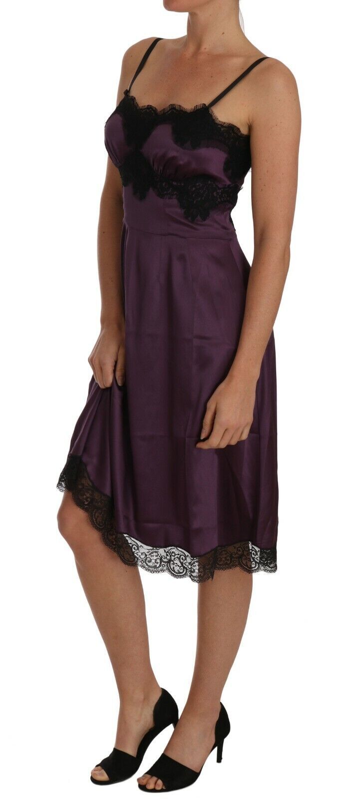 Dolce & Gabbana Purple Silk Stretch Black Lace A-Line Dress - Whispers Of Wisdom Clothing