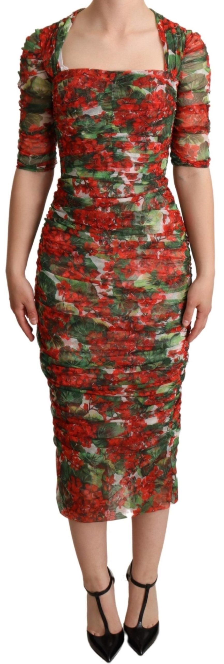Dolce & Gabbana Red Floral Print Tulle Sheath Midi Dress - Whispers Of Wisdom Clothing