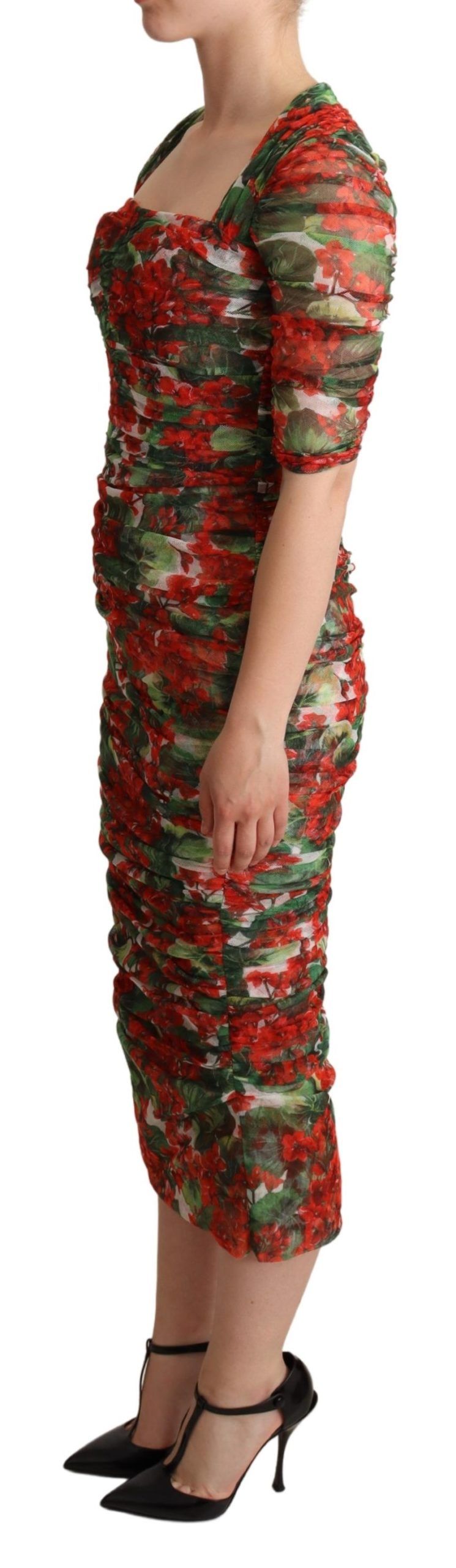 Dolce & Gabbana Red Floral Print Tulle Sheath Midi Dress - Whispers Of Wisdom Clothing