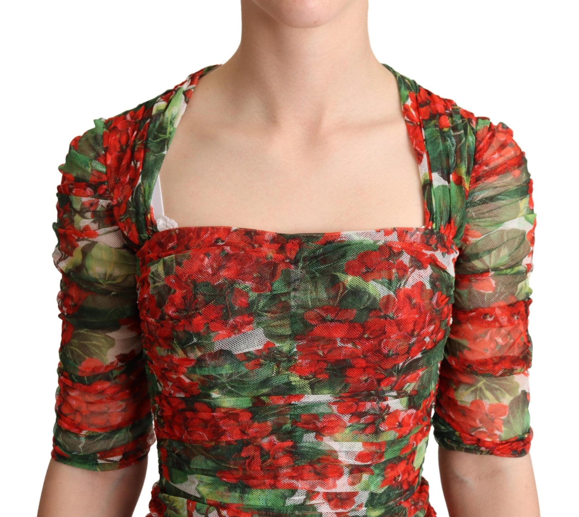 Dolce & Gabbana Red Floral Print Tulle Sheath Midi Dress - Whispers Of Wisdom Clothing