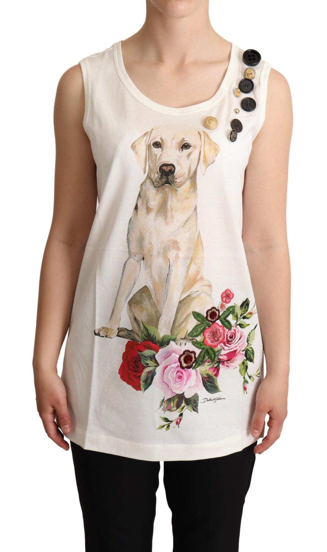 Dolce & Gabbana White Dog Floral Print Embellished  T-shirt - Whispers Of Wisdom Clothing