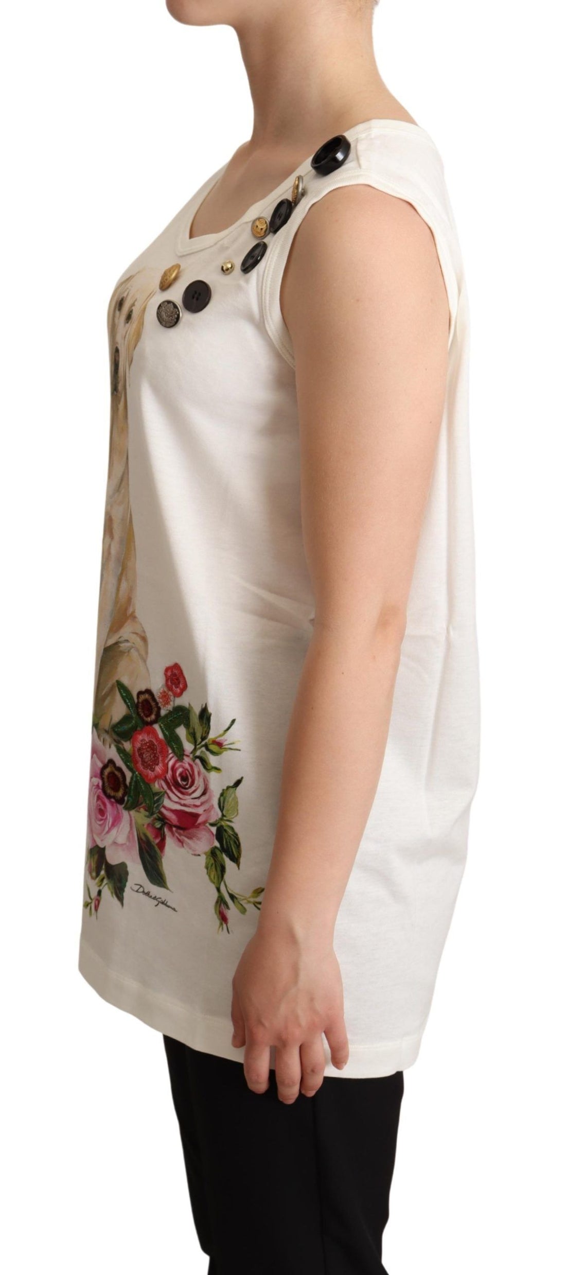 Dolce & Gabbana White Dog Floral Print Embellished  T-shirt - Whispers Of Wisdom Clothing