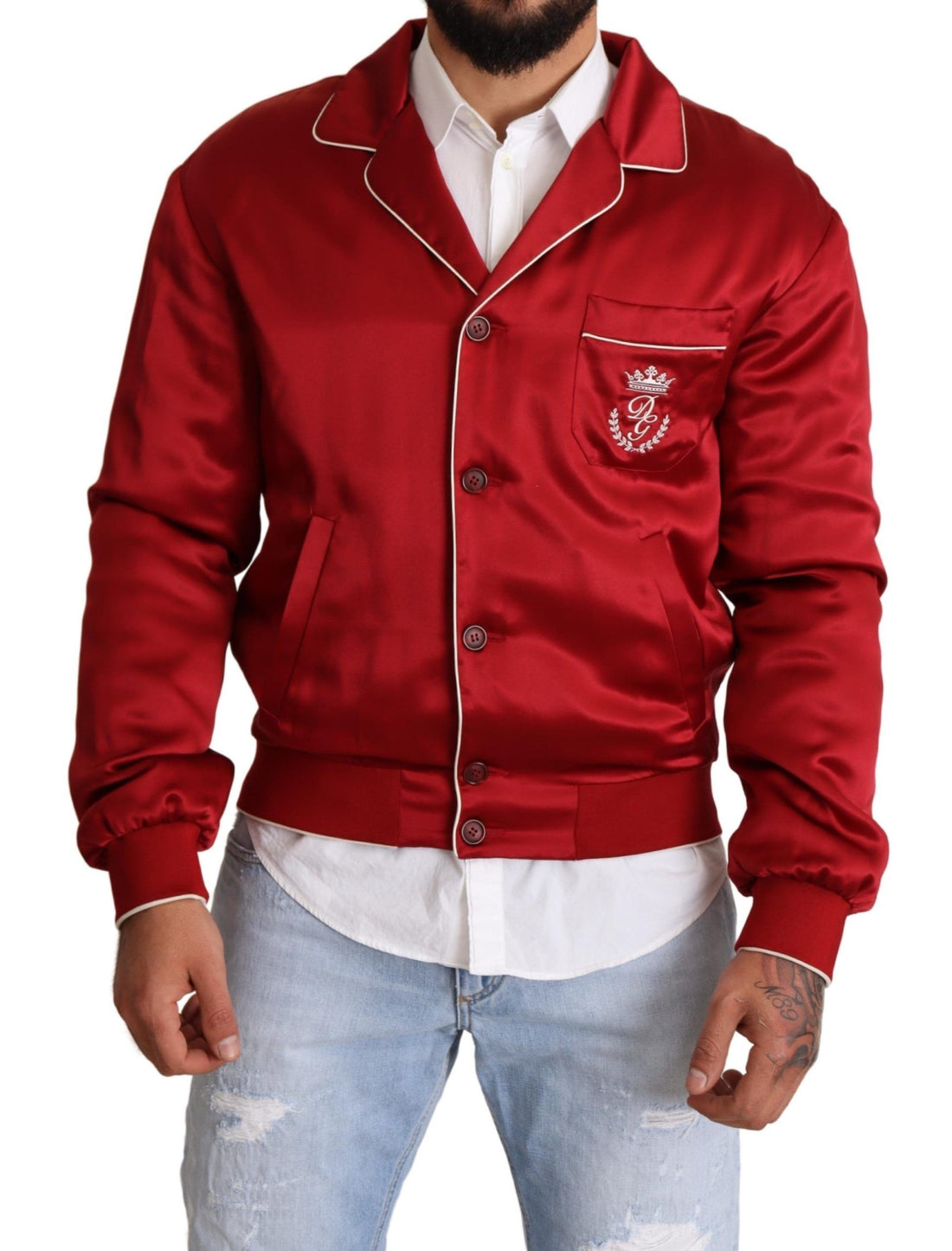 Dolce & Gabbana Red Silk Button DG Logo Bomber Jacket - Whispers Of Wisdom Clothing
