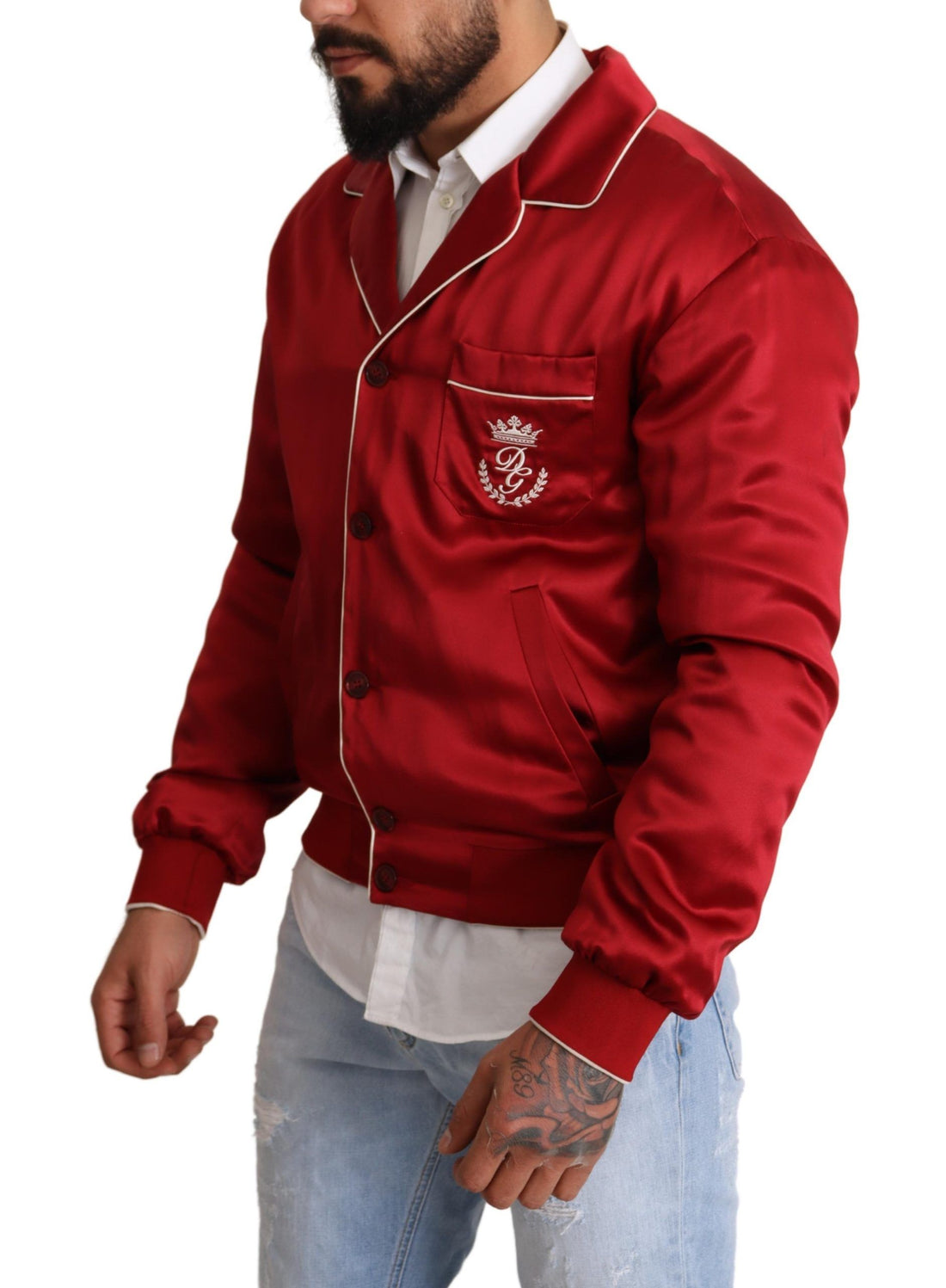 Dolce & Gabbana Red Silk Button DG Logo Bomber Jacket - Whispers Of Wisdom Clothing