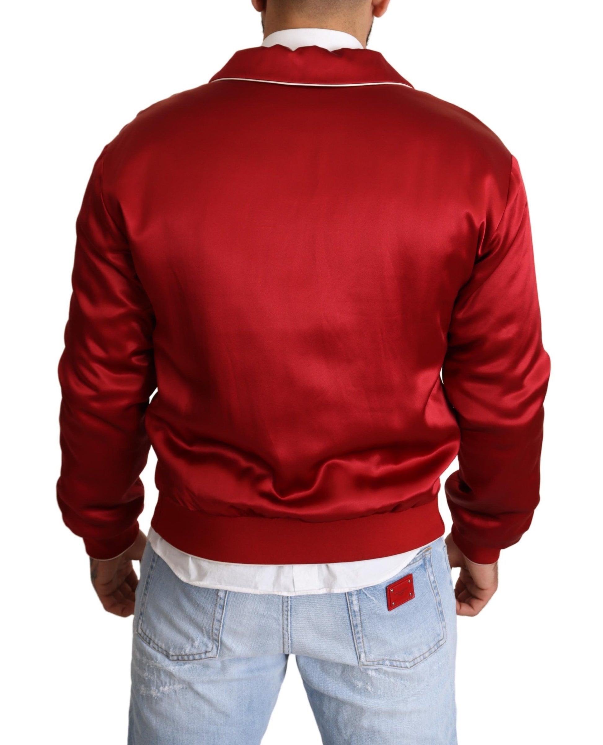 Dolce & Gabbana Red Silk Button DG Logo Bomber Jacket - Whispers Of Wisdom Clothing